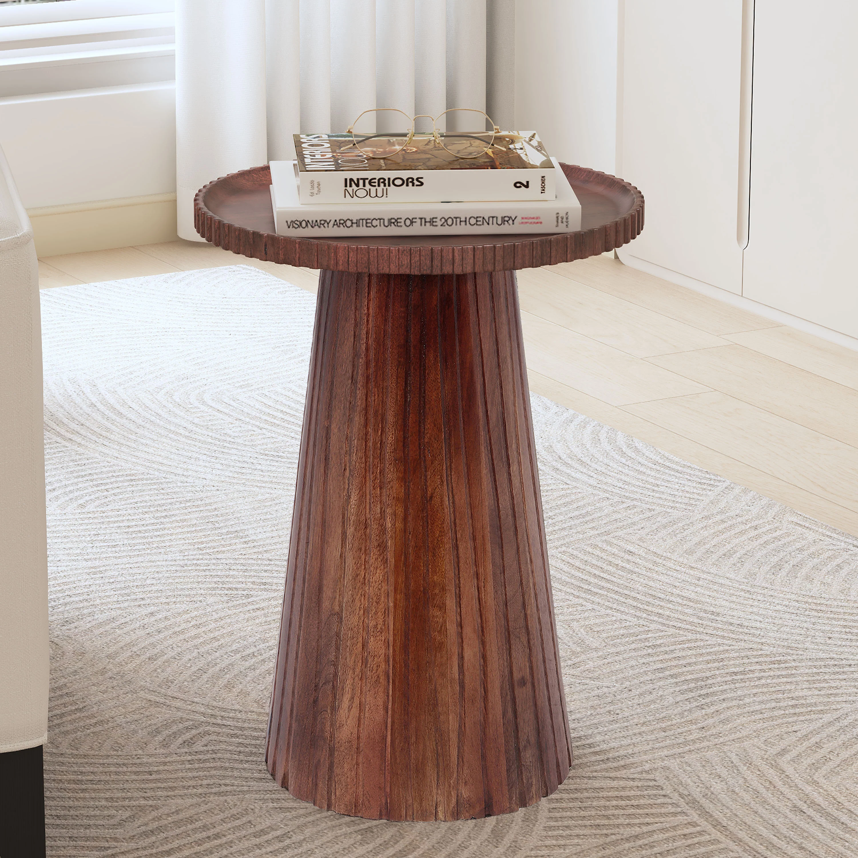 Zephy Round Pedestal Side End Table, Mango Wood - furnishings