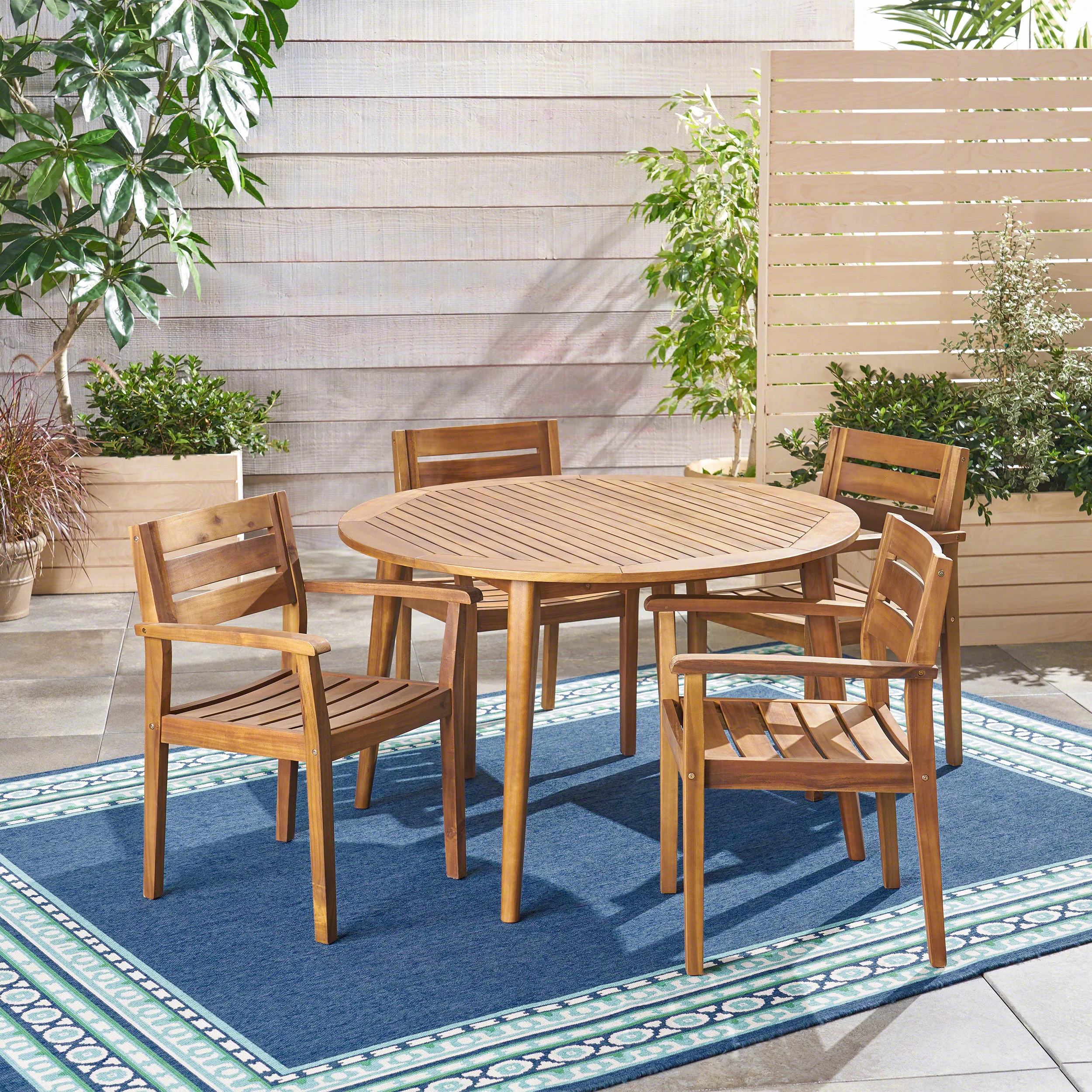 Keth Outdoor 5 Piece Teak Acacia Wood Slatted Dining Set with Circular Table - furnishings
