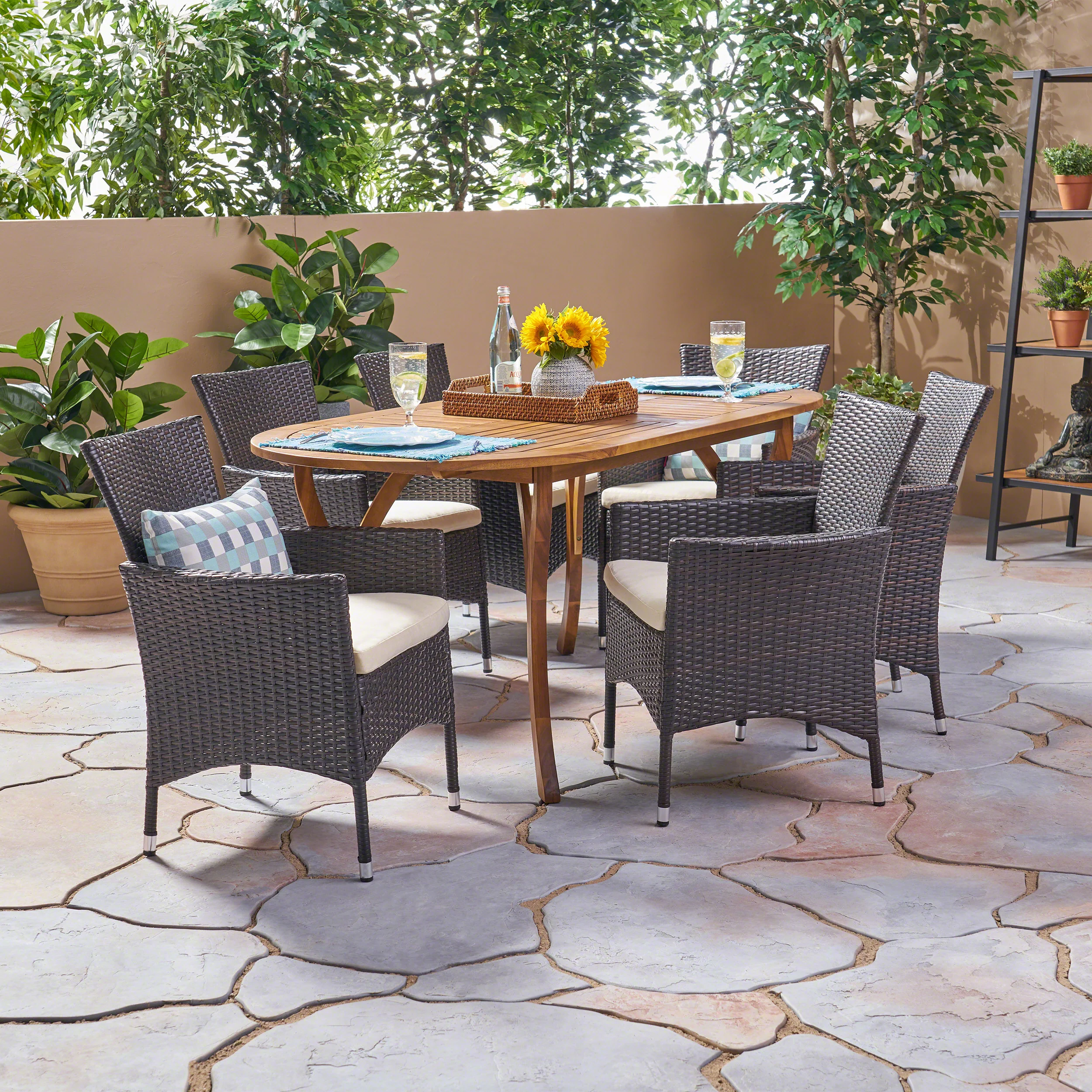 Edna Outdoor 7 Piece Acacia Wood and Wicker Dining Set, Teak with Multi Brown Chairs - furnishings