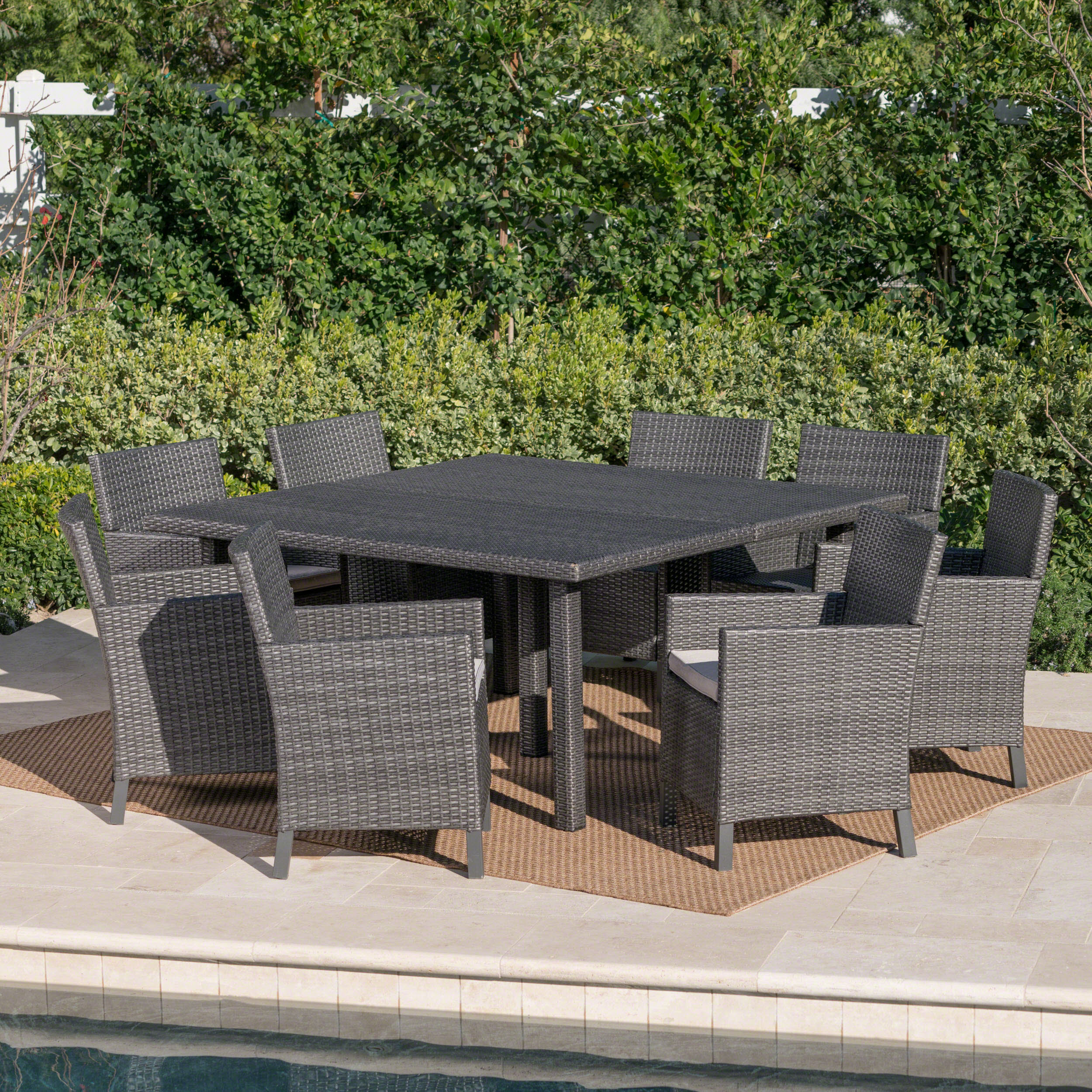 Winford Outdoor 9 Piece Wicker Dining Set with Water Resistant Cushions - furnishings