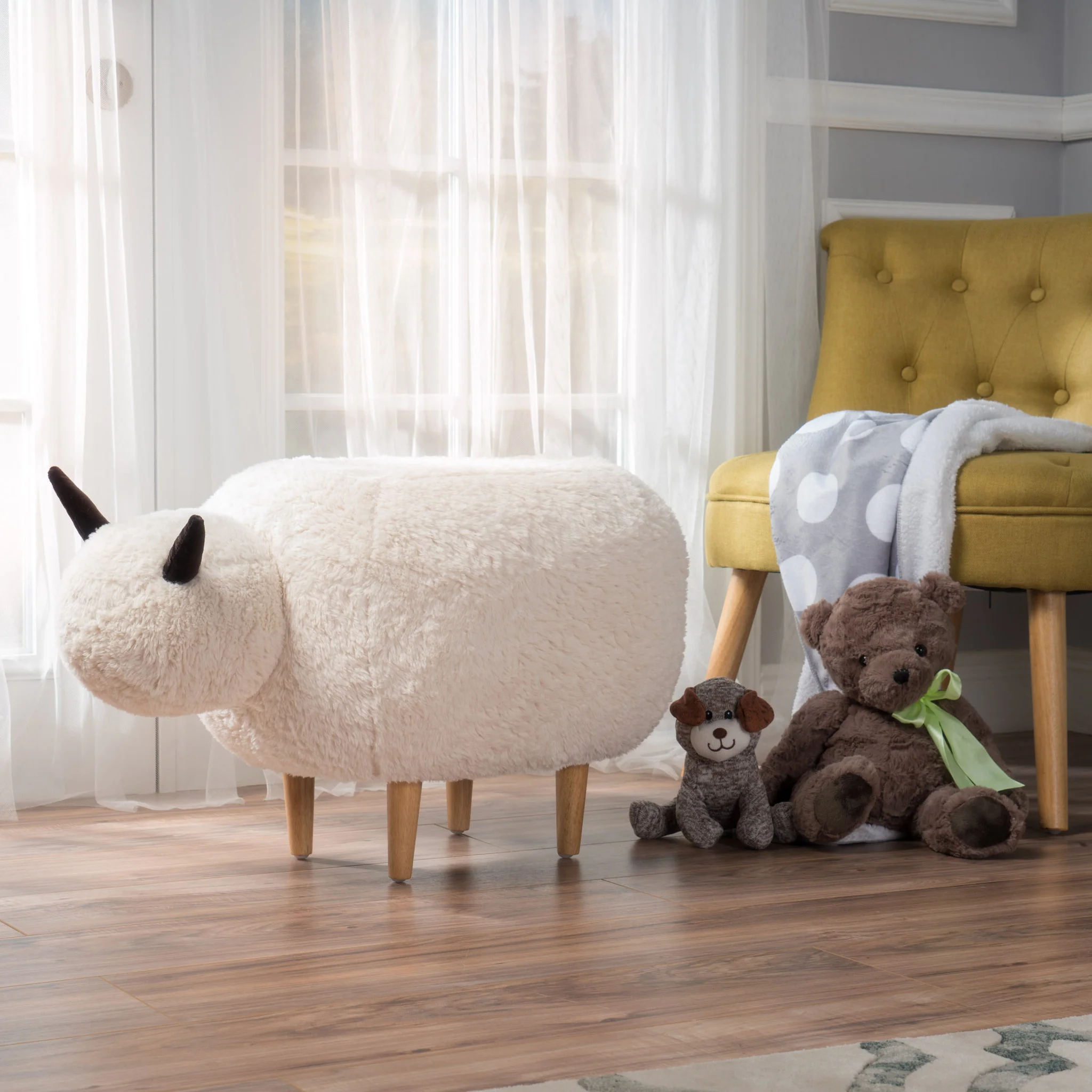 Pearcy Modern White Faux Fur Sheep Ottoman with Tapered Wood Legs - furnishings