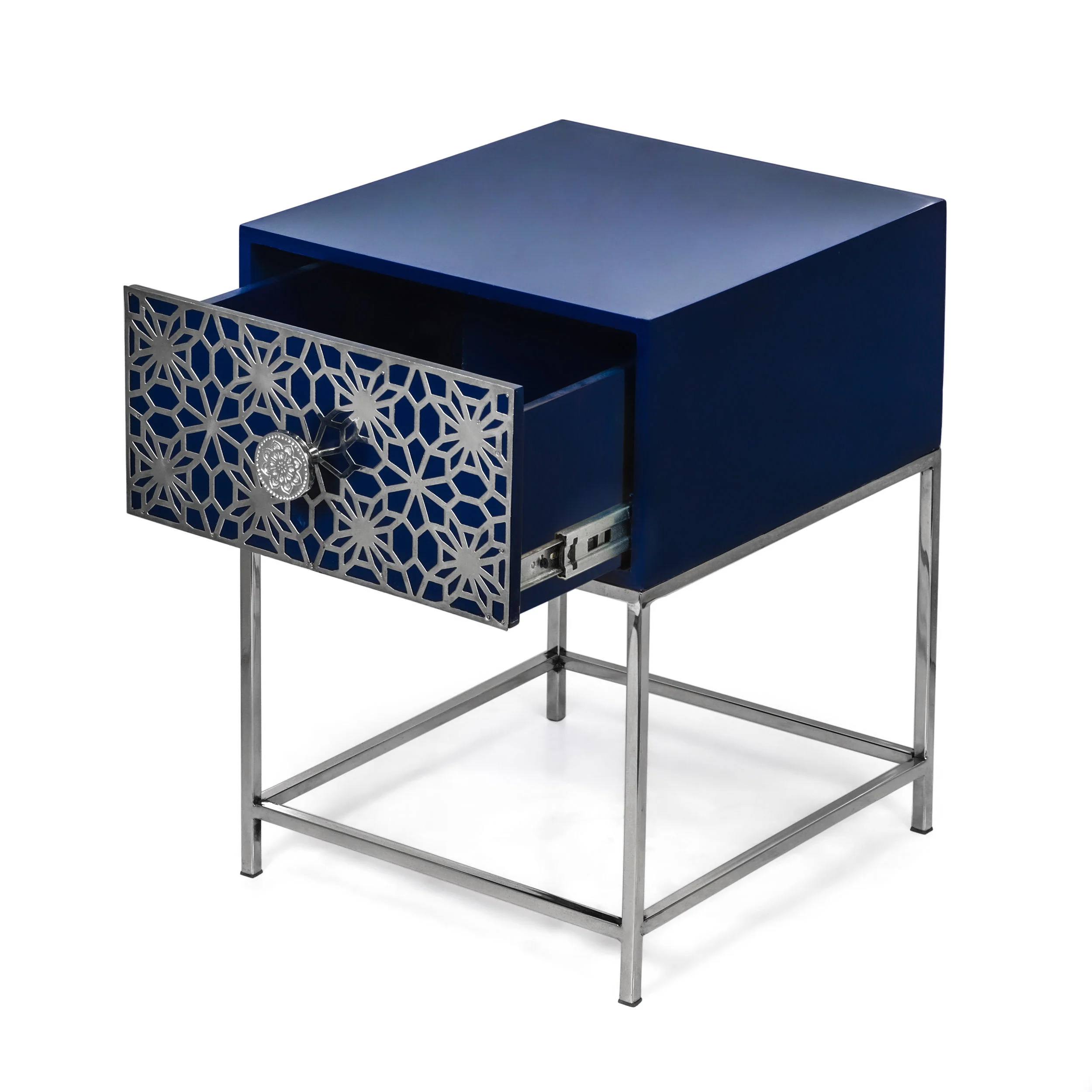 Morella Modern Glam Handcrafted Moroccan Mesh Nightstand, Navy Blue and Nickel - furnishings