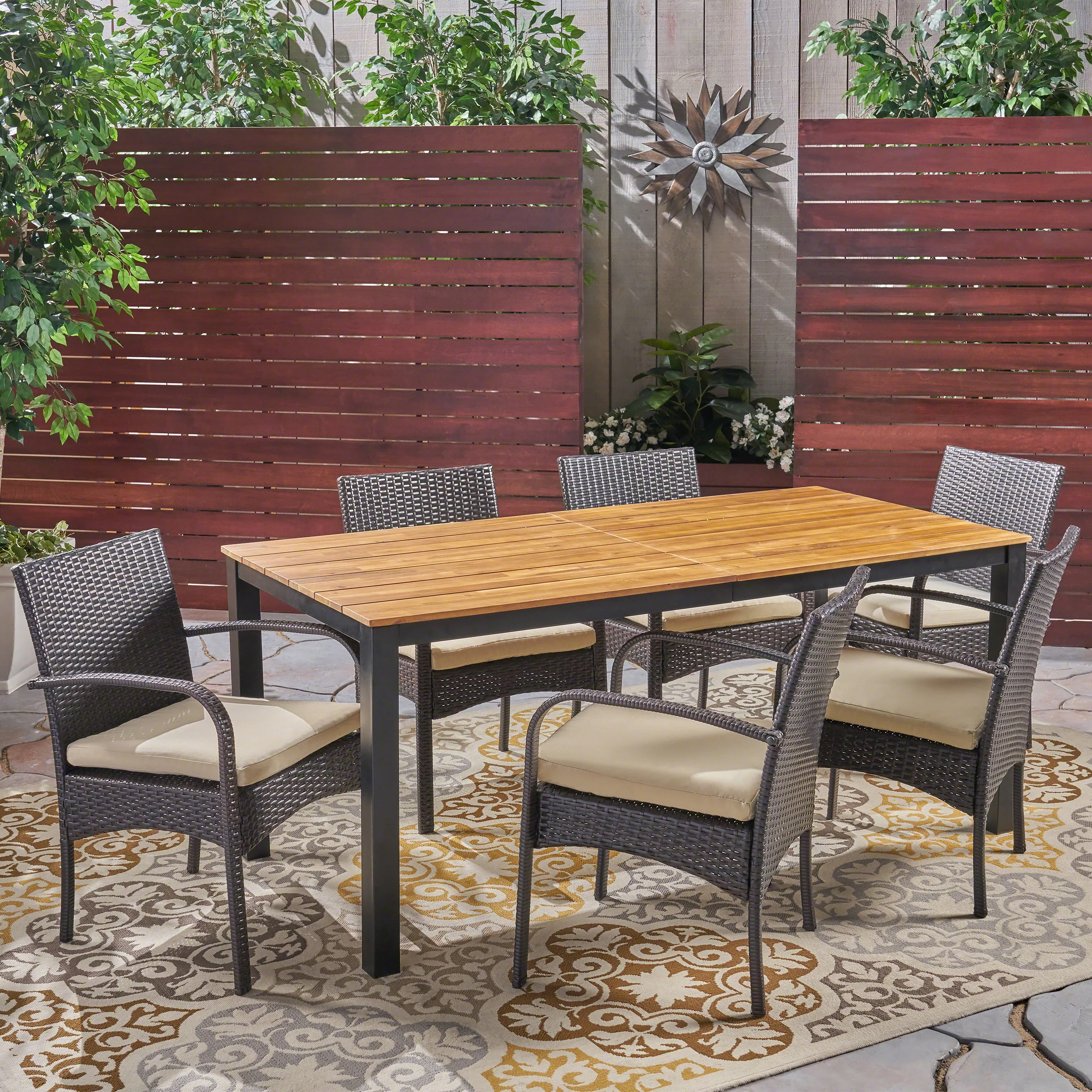 Nicole Outdoor 7 Piece Acacia Wood Dining Set with Wicker Chairs, Teak and Multi Brown and Cream - furnishings