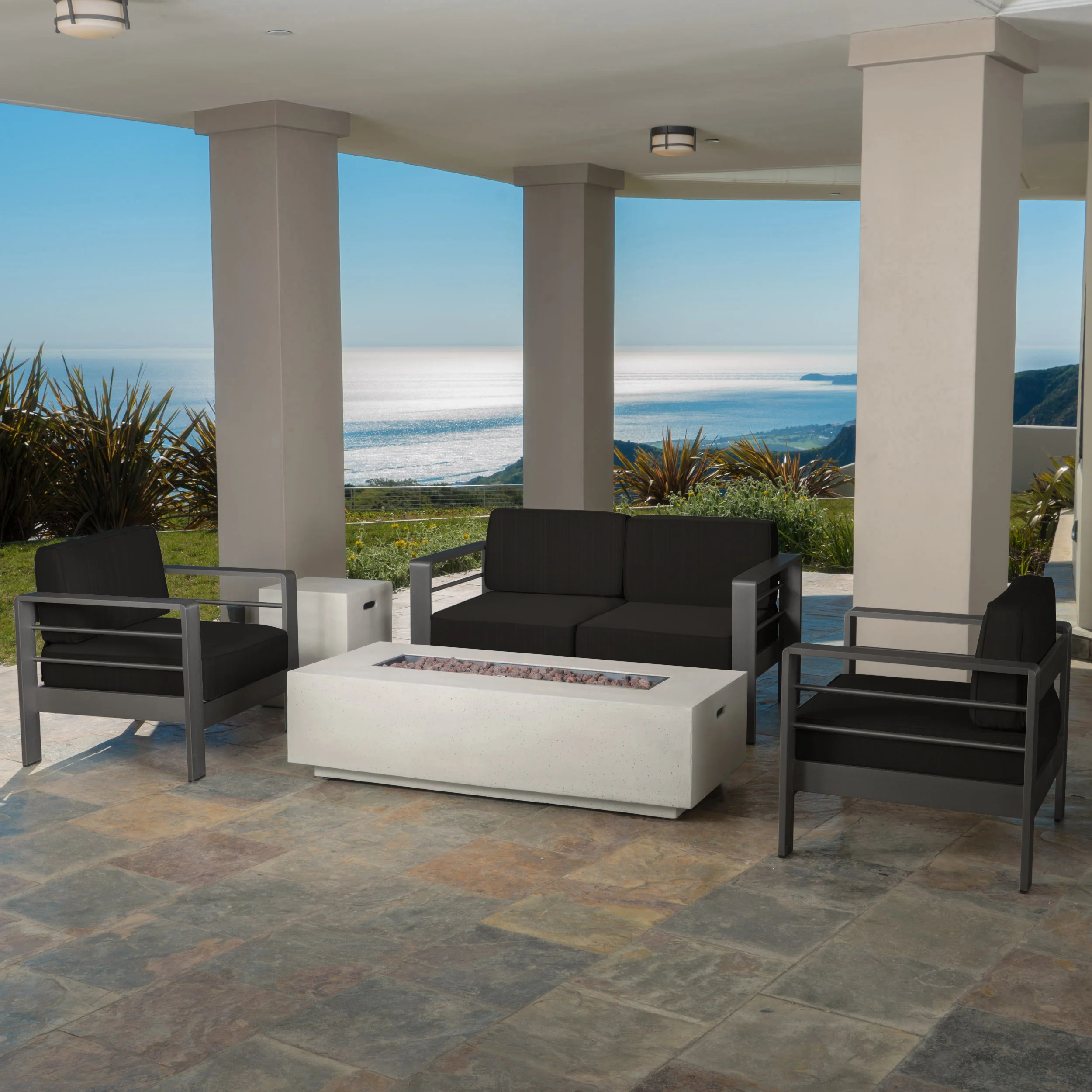 Crested Bay 5pc Modern Outdoor Aluminum Sofa & Chairs Set With Fire Pit - furnishings
