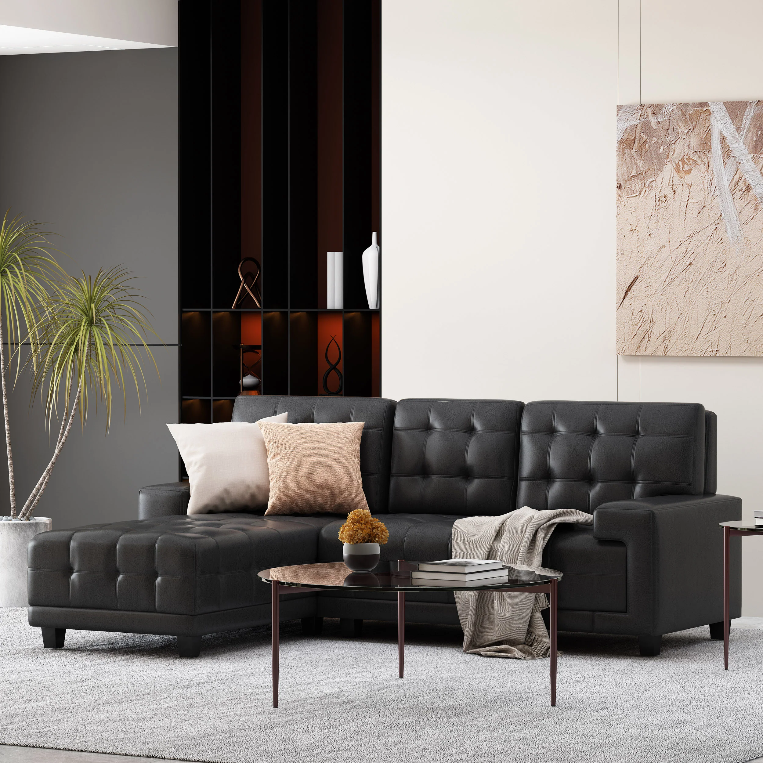Littell Contemporary Faux Leather Tufted 3 Seater Sofa and Chaise Lounge Sectional Set - furnishings