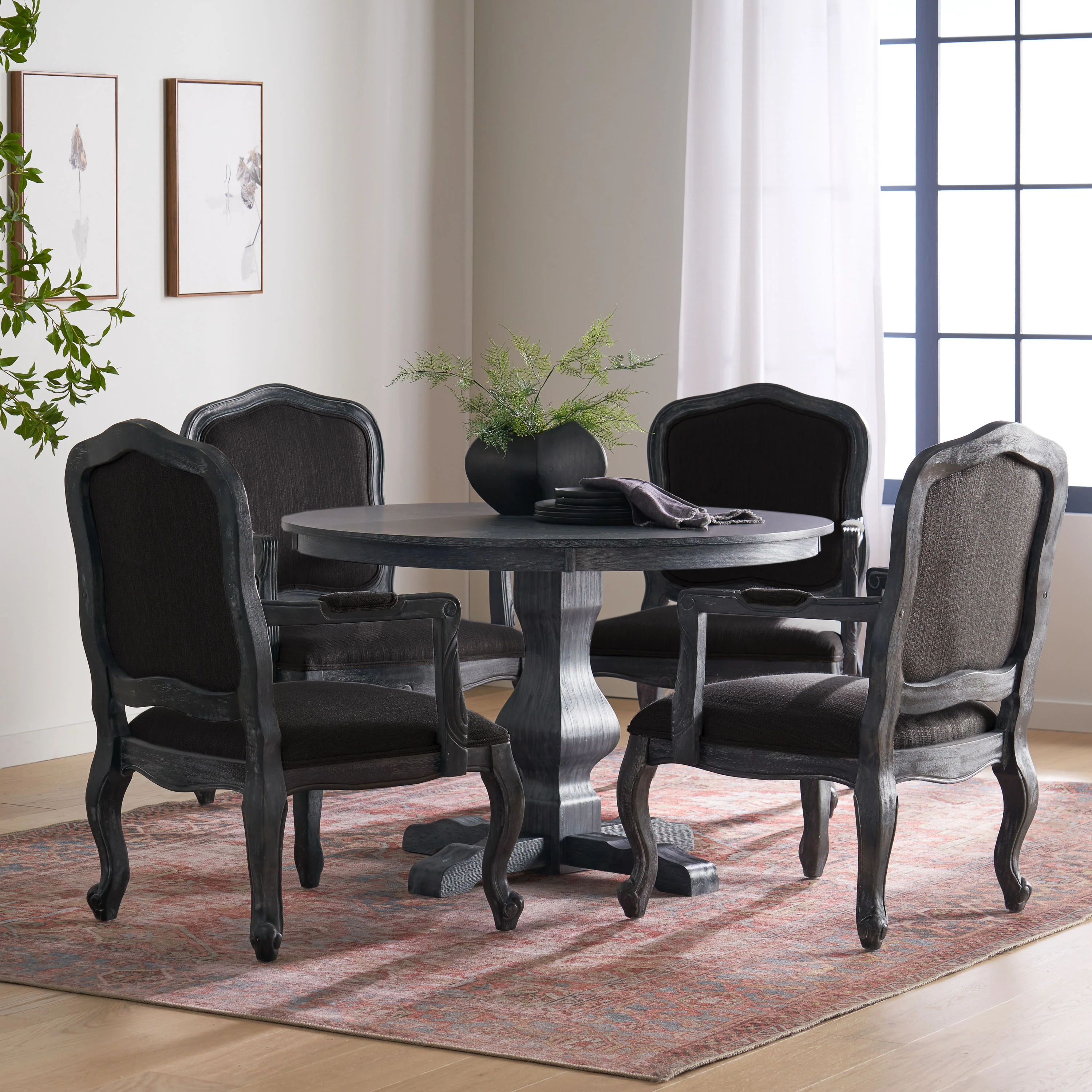Absaroka French Country Fabric Upholstered Wood 5 Piece Circular Dining Set - furnishings