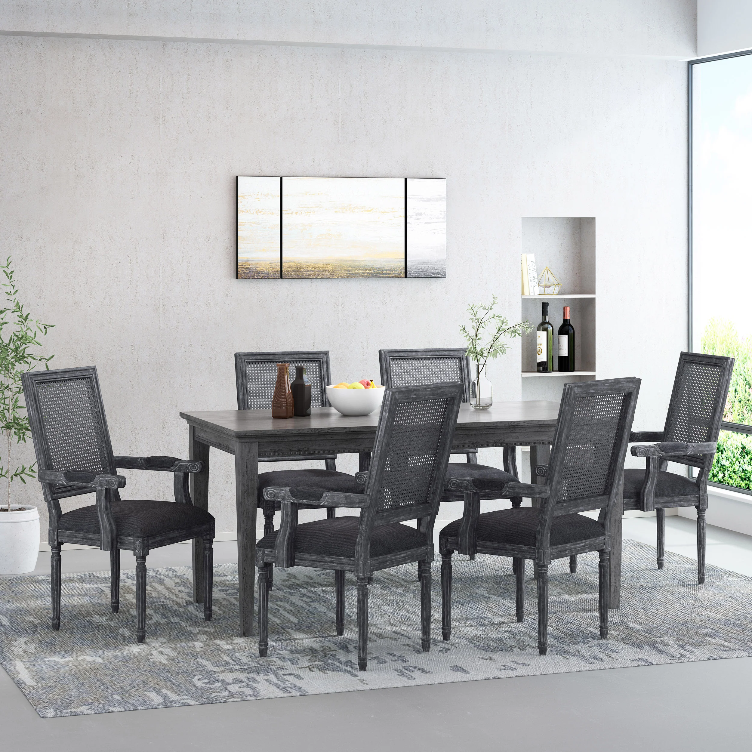 Zentner French Country Upholstered Wood and Cane Upholstered Dining Chairs, Set of 6 - furnishings