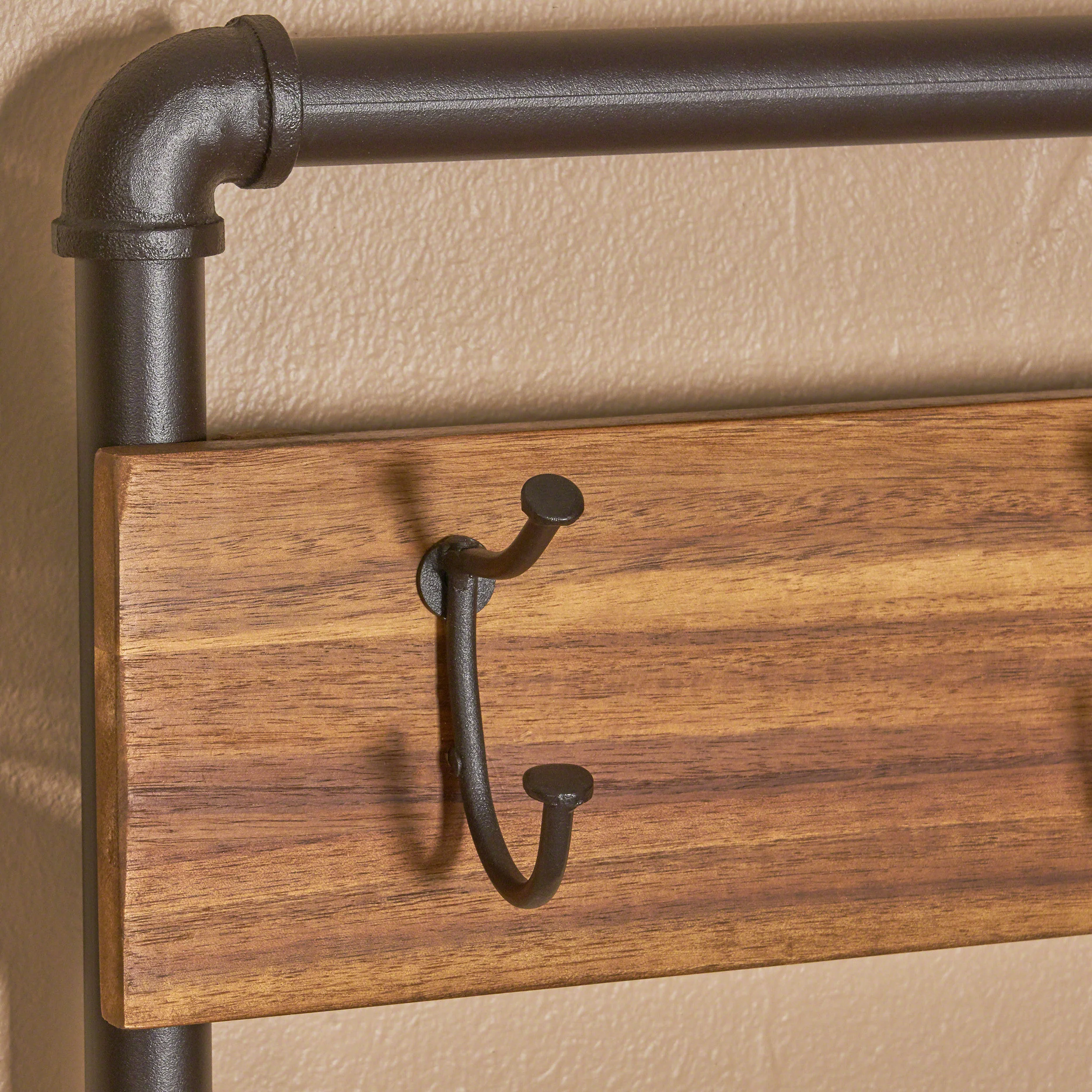 Dahl Outdoor Industrial Acacia and Iron Bench with Shelf and Coat Hooks - furnishings