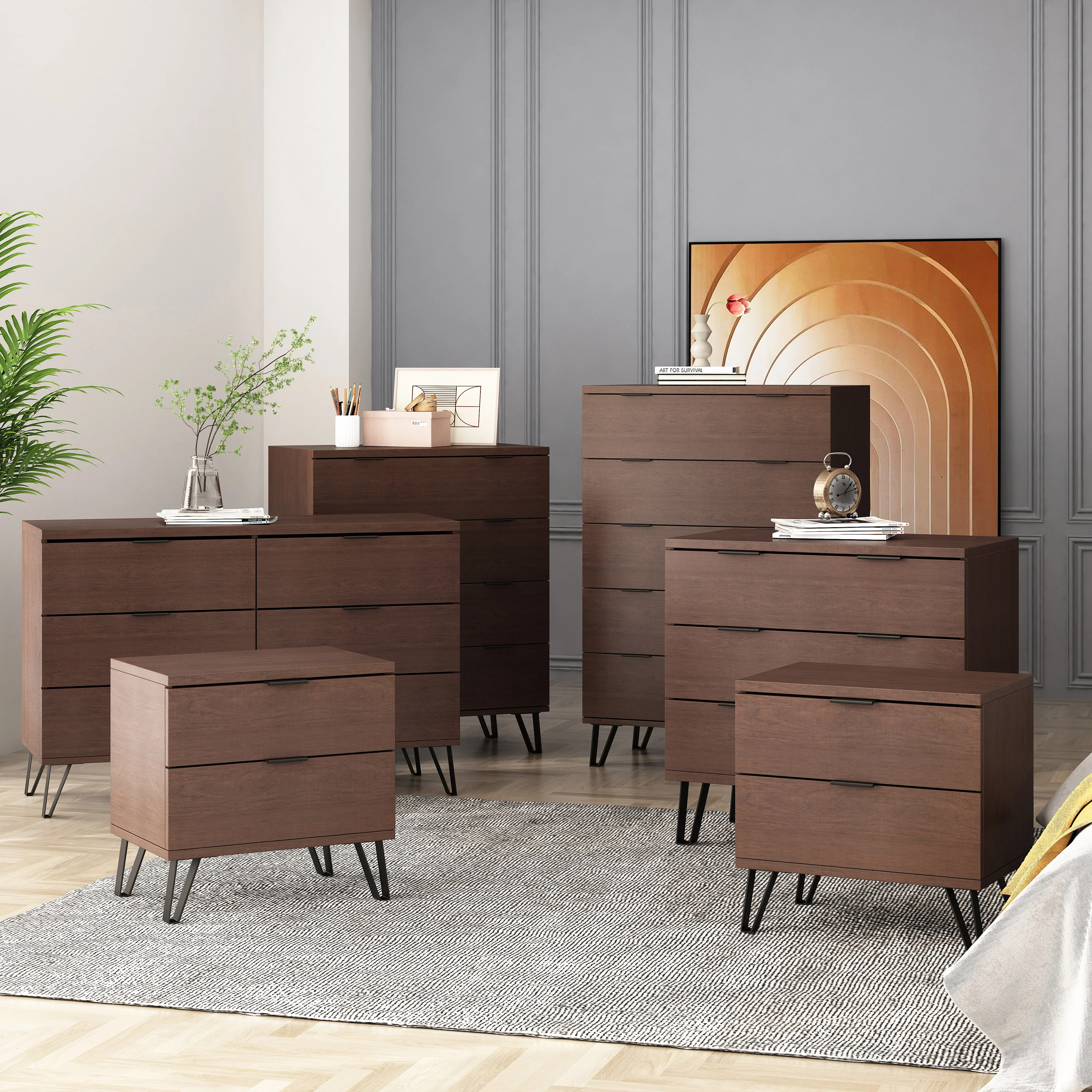 Demijen Modern Industrial 6 Piece Bedroom Set with Wide 5 Drawer Dresser, Walnut and Matte Black - furnishings