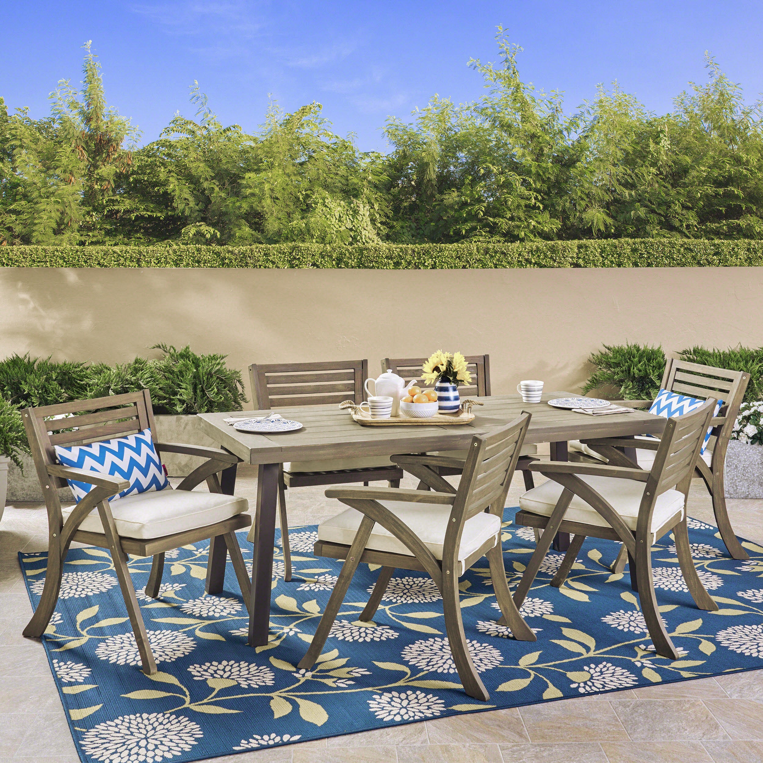 George Outdoor 7 Piece Acacia Wood Dining Set, Gray - furnishings