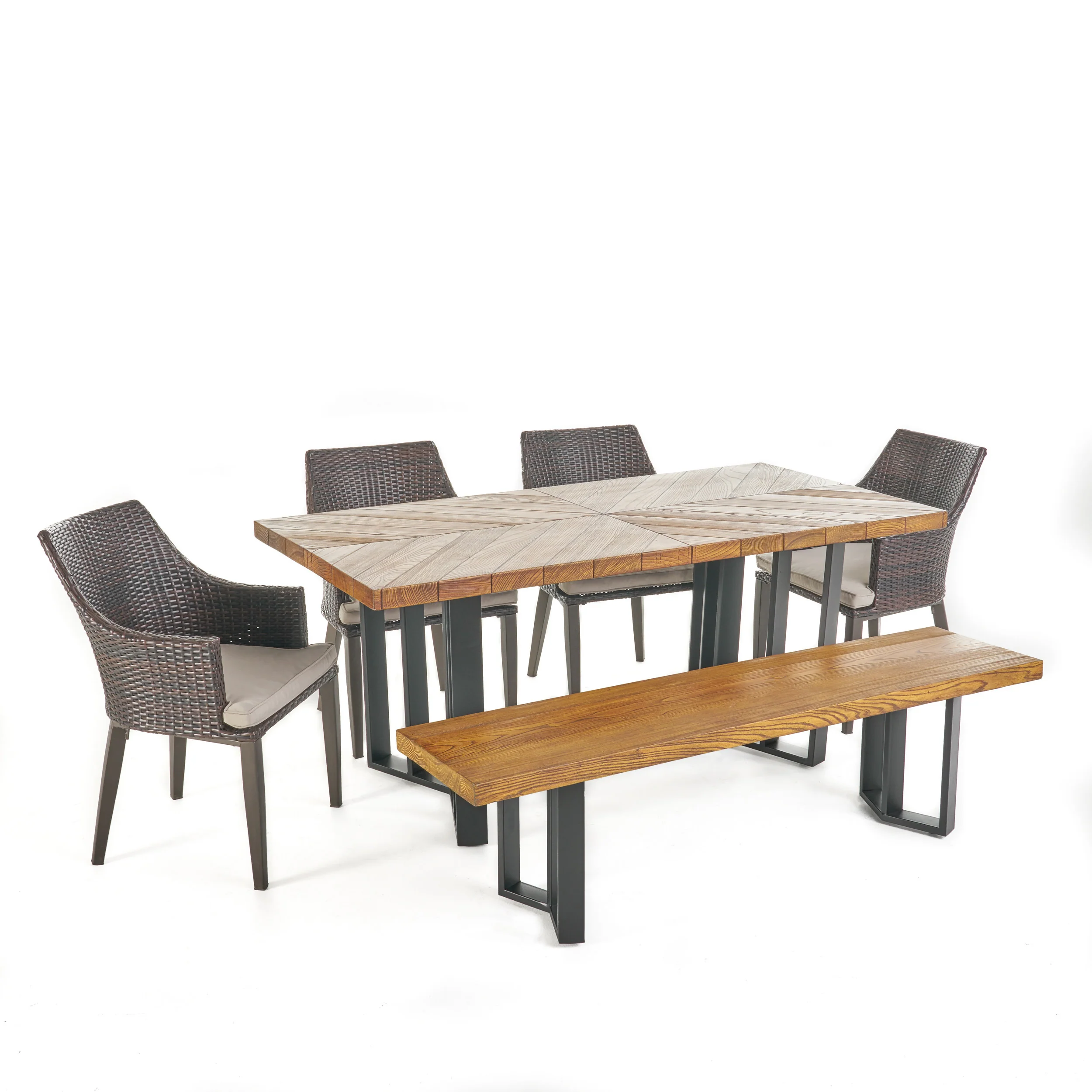 Valby Outdoor 6 Piece Wicker Dining Set with Concrete Dining Table and Bench - furnishings