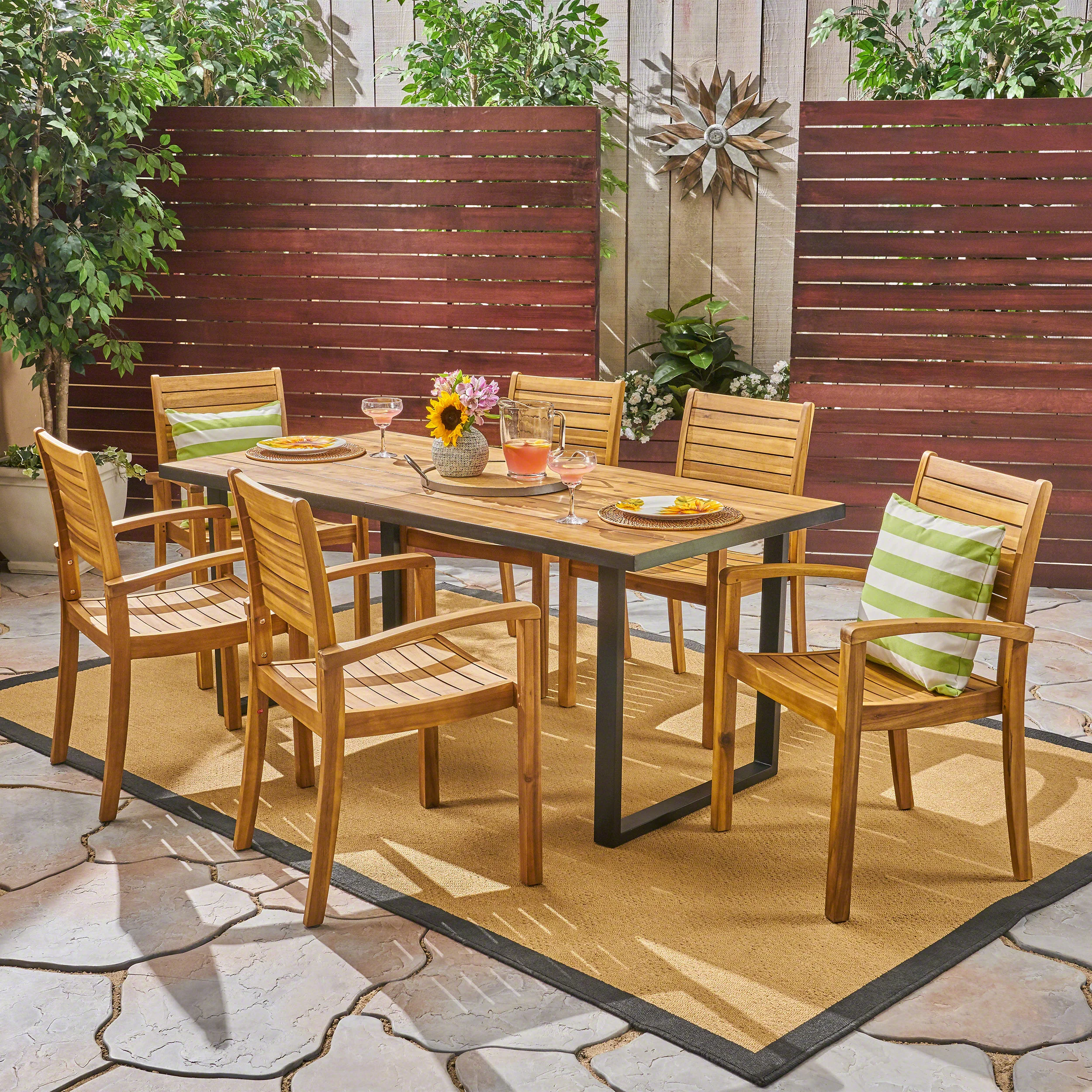 Alderson Outdoor 6-Seater Rectangular Acacia Wood Dining Set, Teak and Black - furnishings