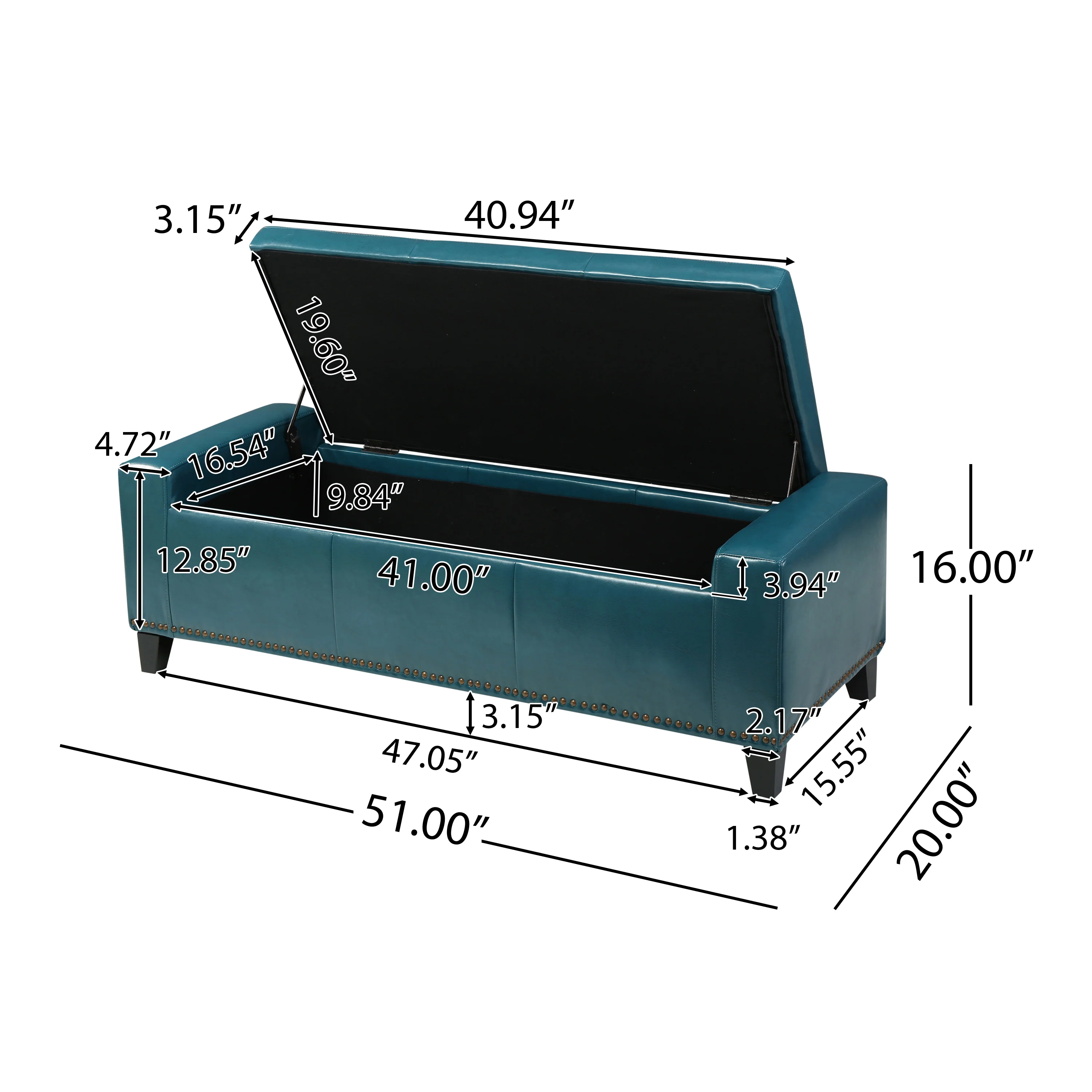 Robin Studded Teal Leather Storage Ottoman Bench - furnishings