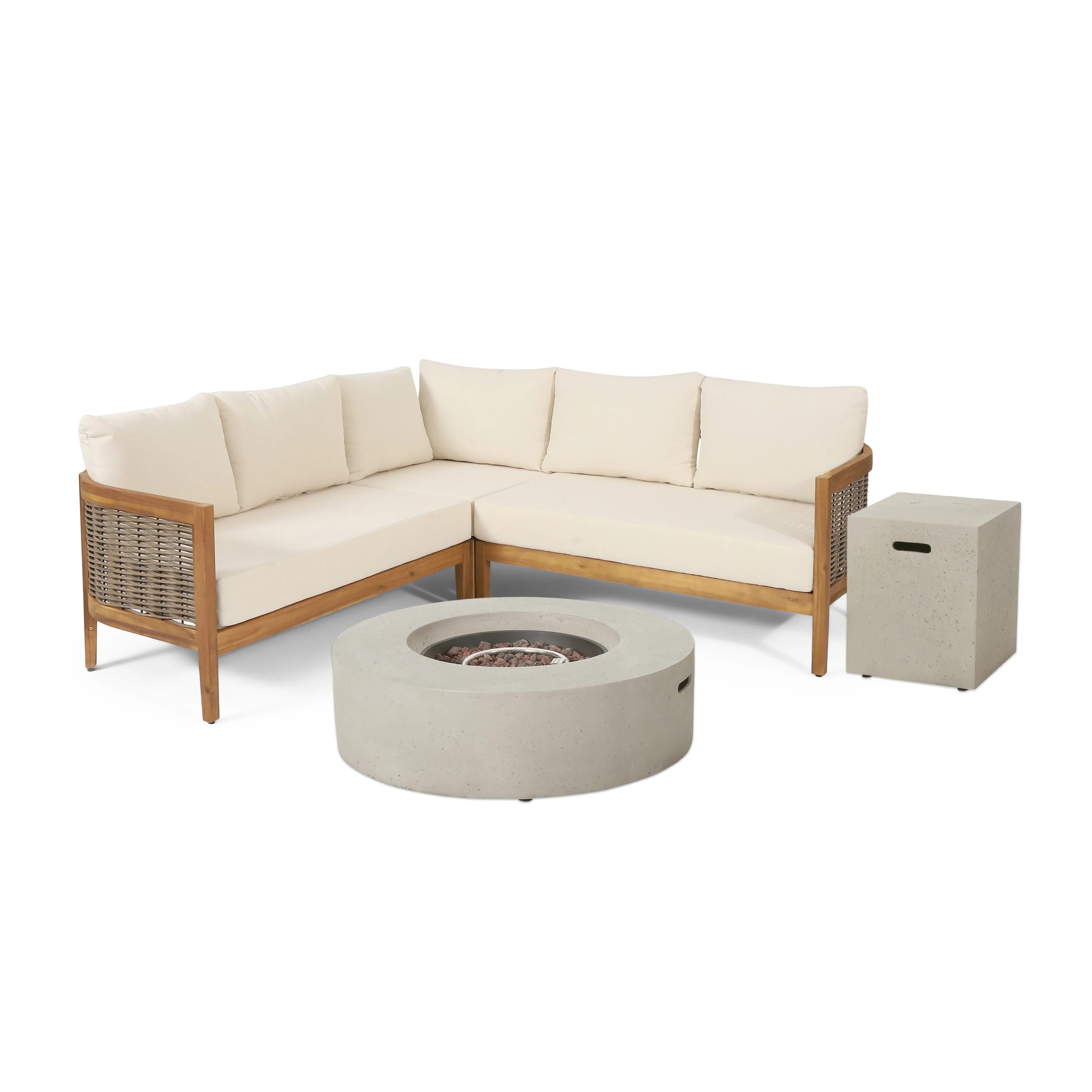 The Crowne Collection Outdoor Acacia Wood and Round Wicker 5 Seater Sectional Sofa Chat Set with Fire Pit - furnishings