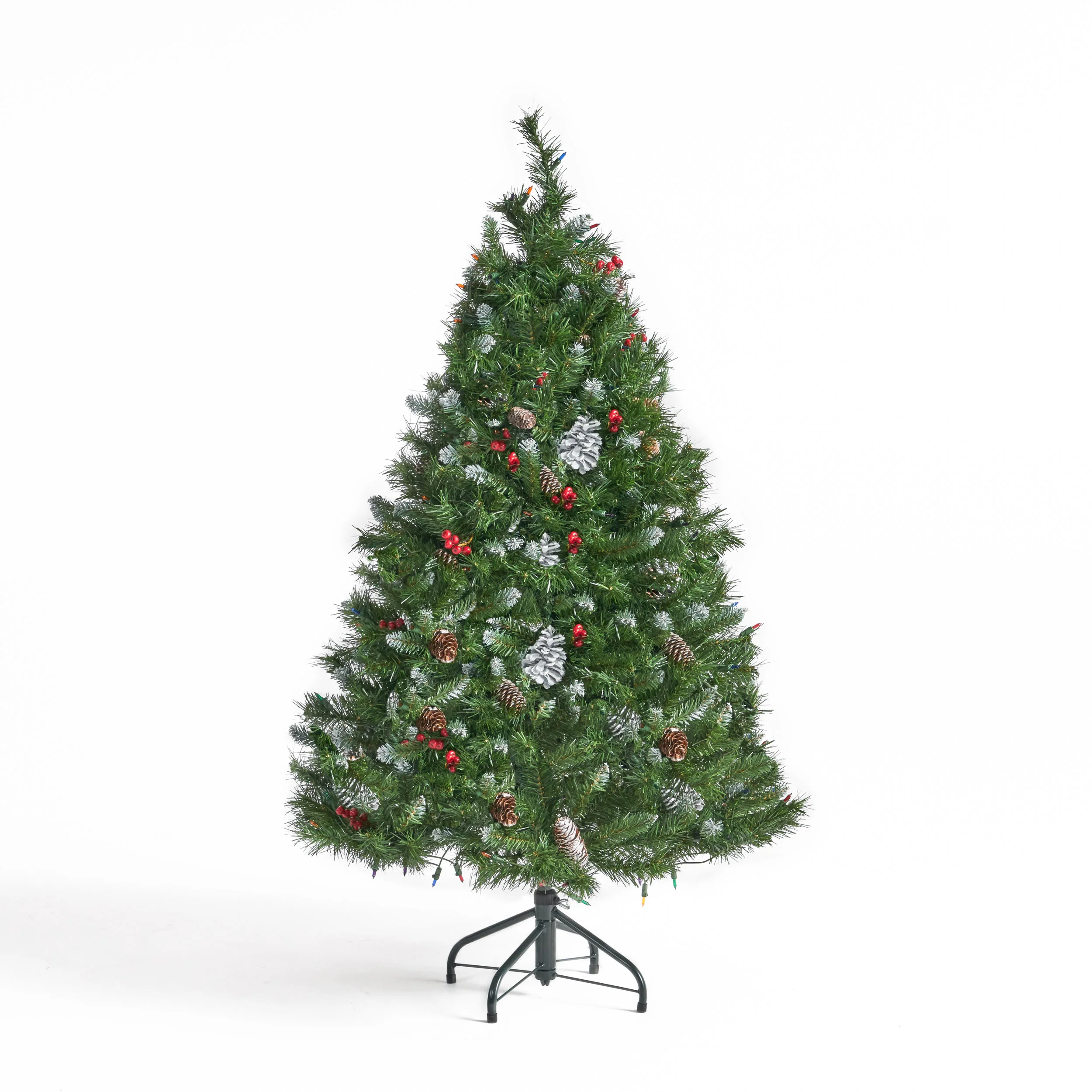4.5-foot Mixed Spruce Hinged Artificial Christmas Tree with Frosted Branches, Red Berries, and Frosted Pinecones - furnbro