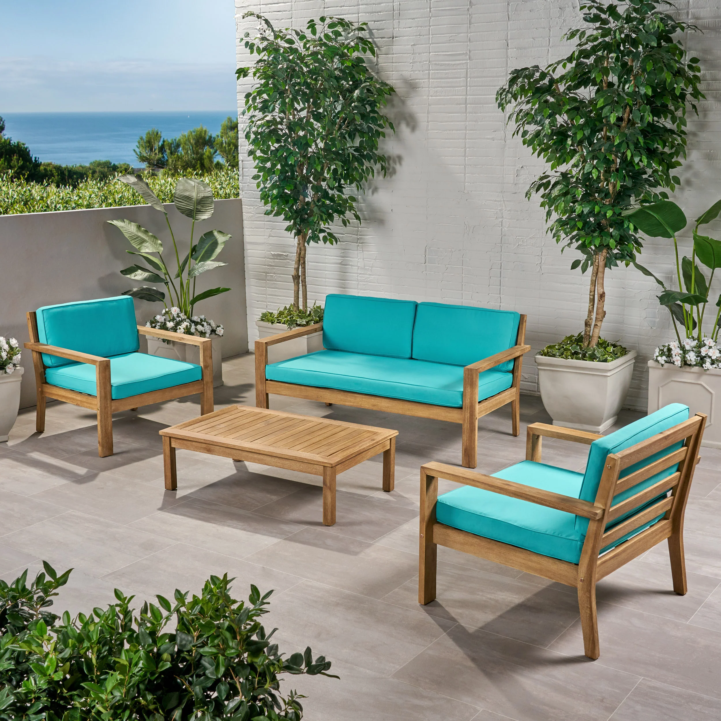 Iris Outdoor 4 Seater Acacia Wood Chat Set with Cushions - furnishings