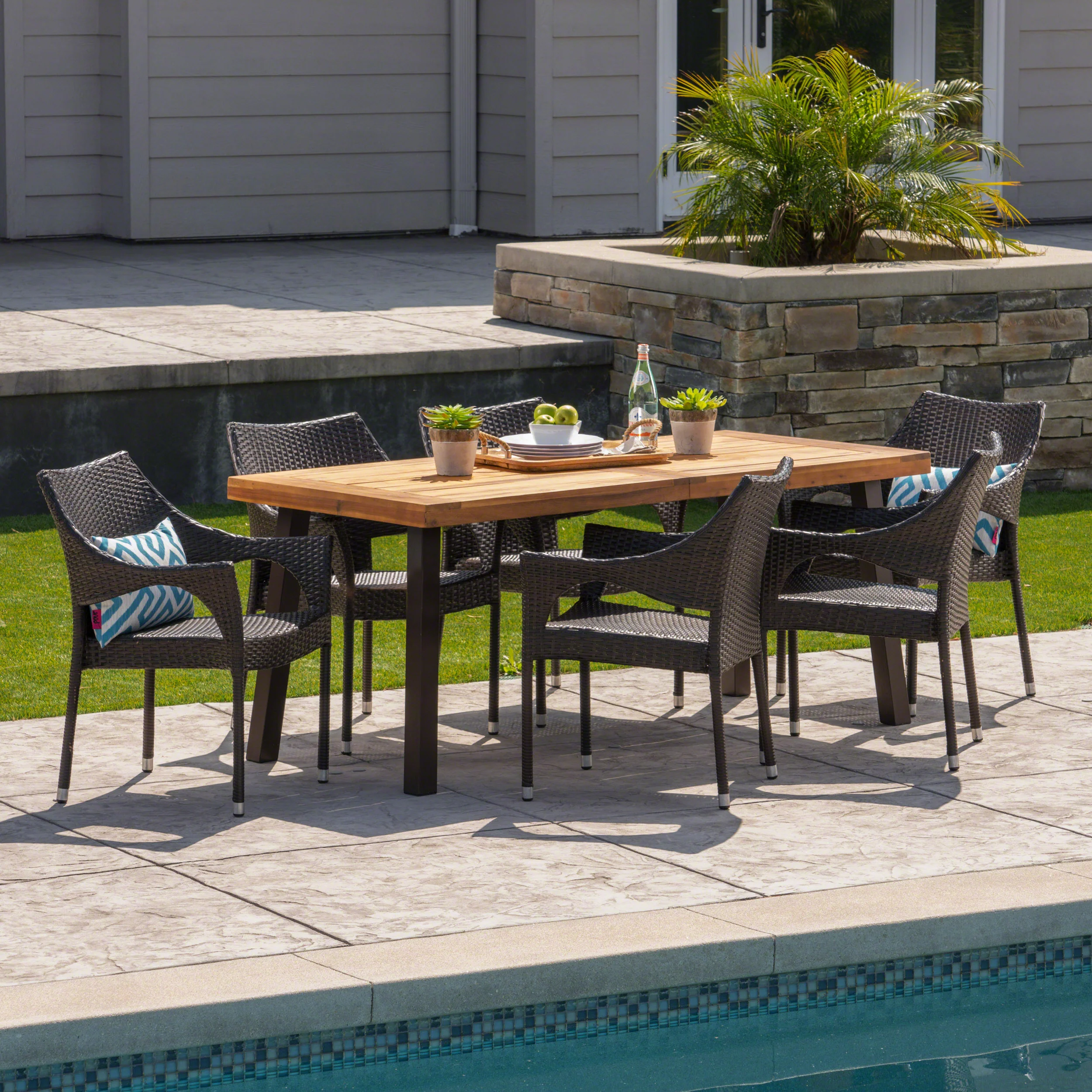 Jerome Outdoor 7 Piece Acacia Wood/ Wicker Dining Set, Teak Finish and Multibrown - furnishings