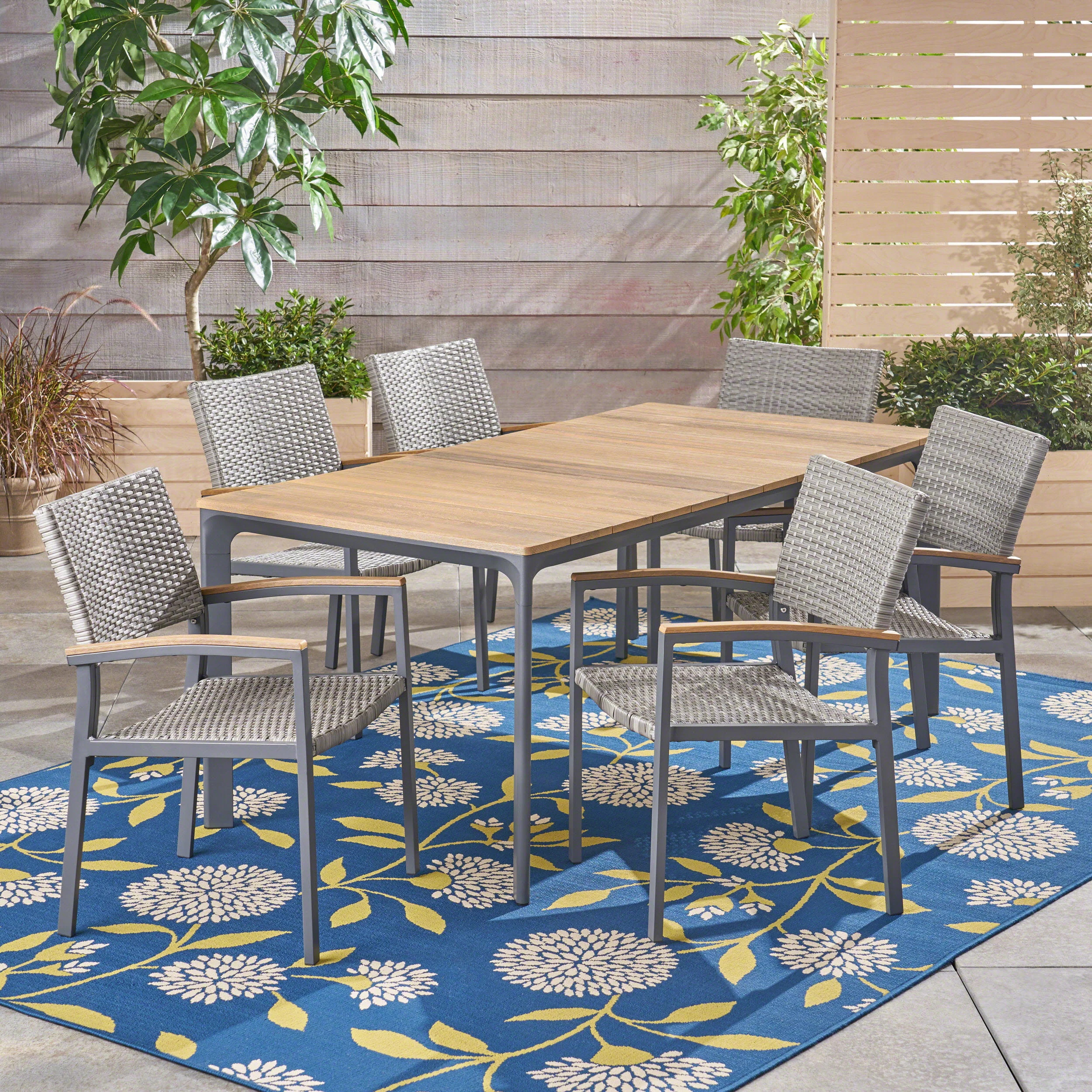Huxley Outdoor Aluminum 7 Piece Dining Set with Wood Tabletop - furnishings
