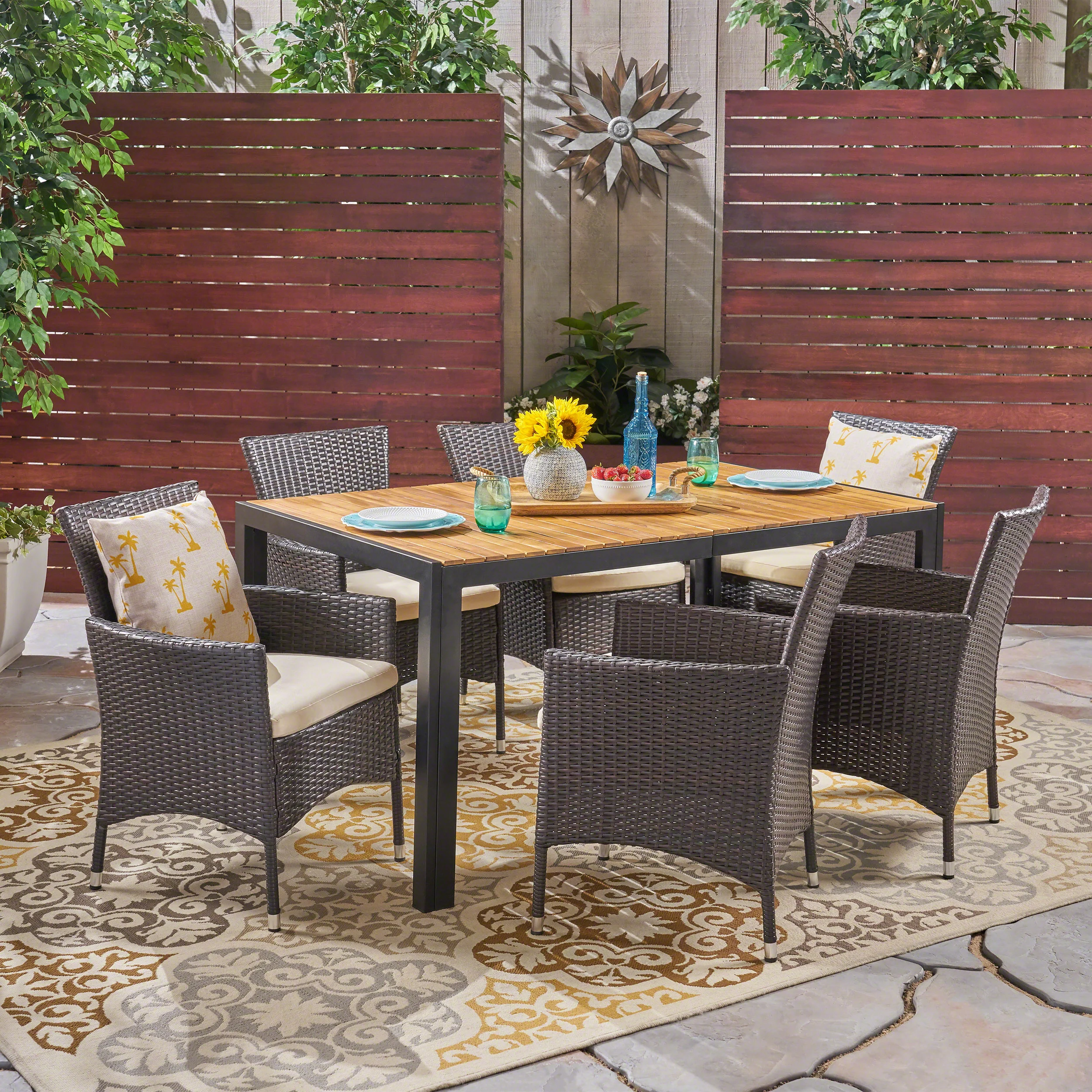Julia Outdoor 6-Seater Rectangular Acacia Wood and Wicker Dining Set, Teak with Black and Multi Brown with Beige - furnishings