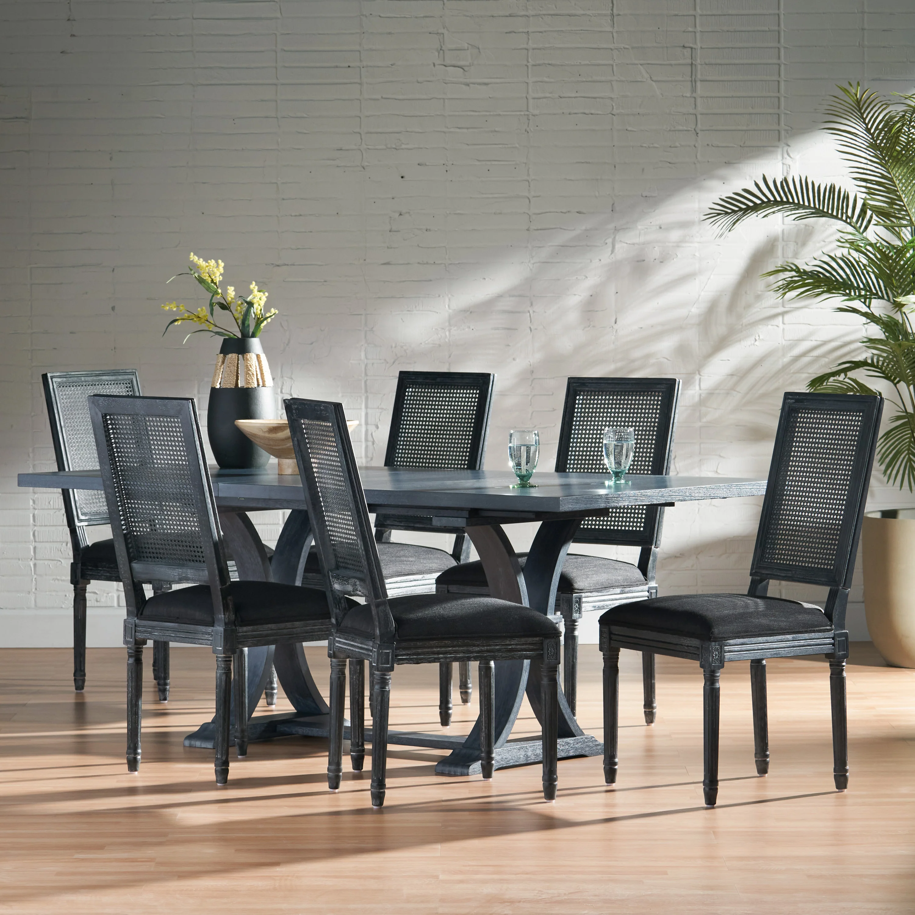 Brownell French Country Wood and Cane 7-Piece Expandable Dining Set - furnishings