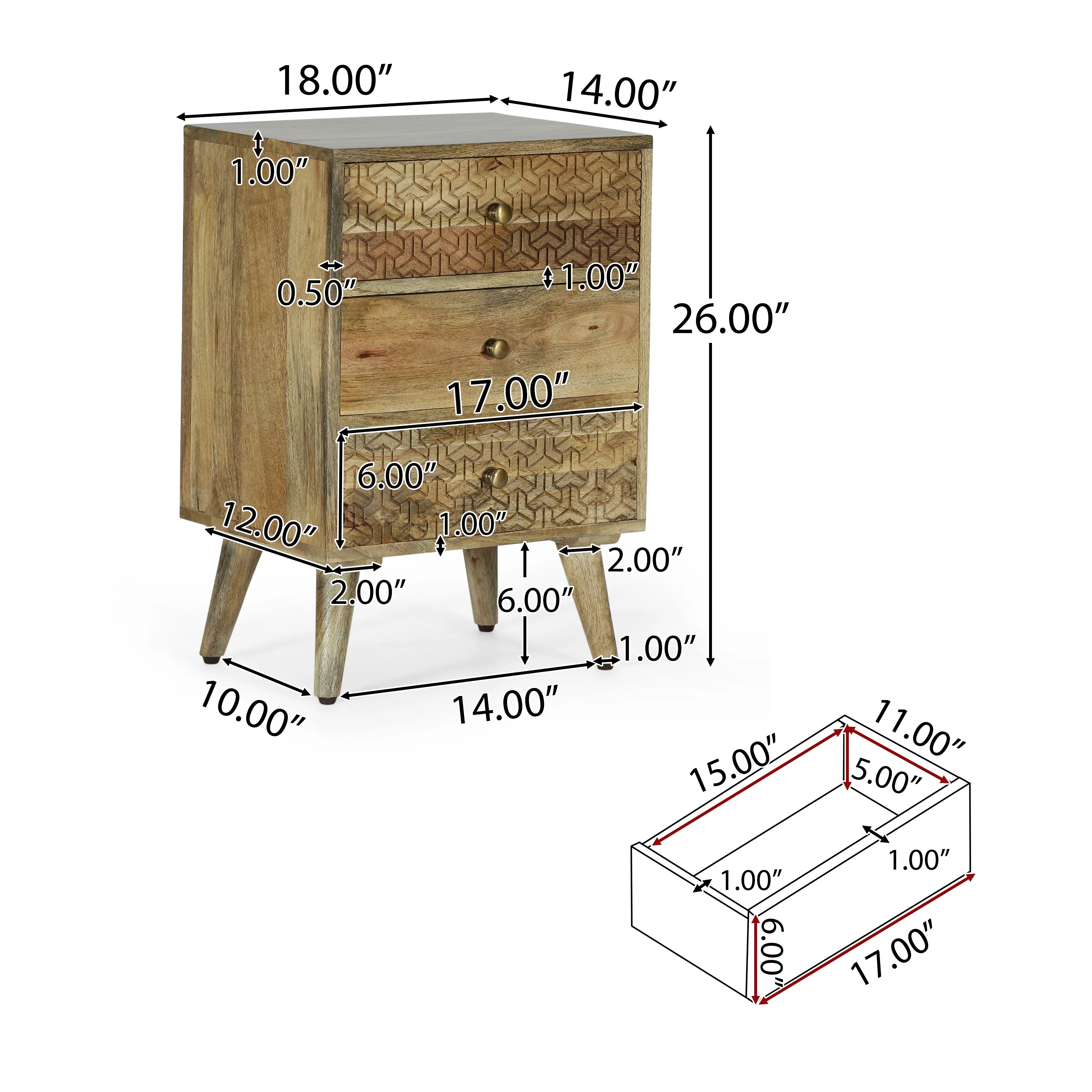 Stowe Boho Handcrafted Mango Wood 3 Drawer Nightstand, Natural - furnishings