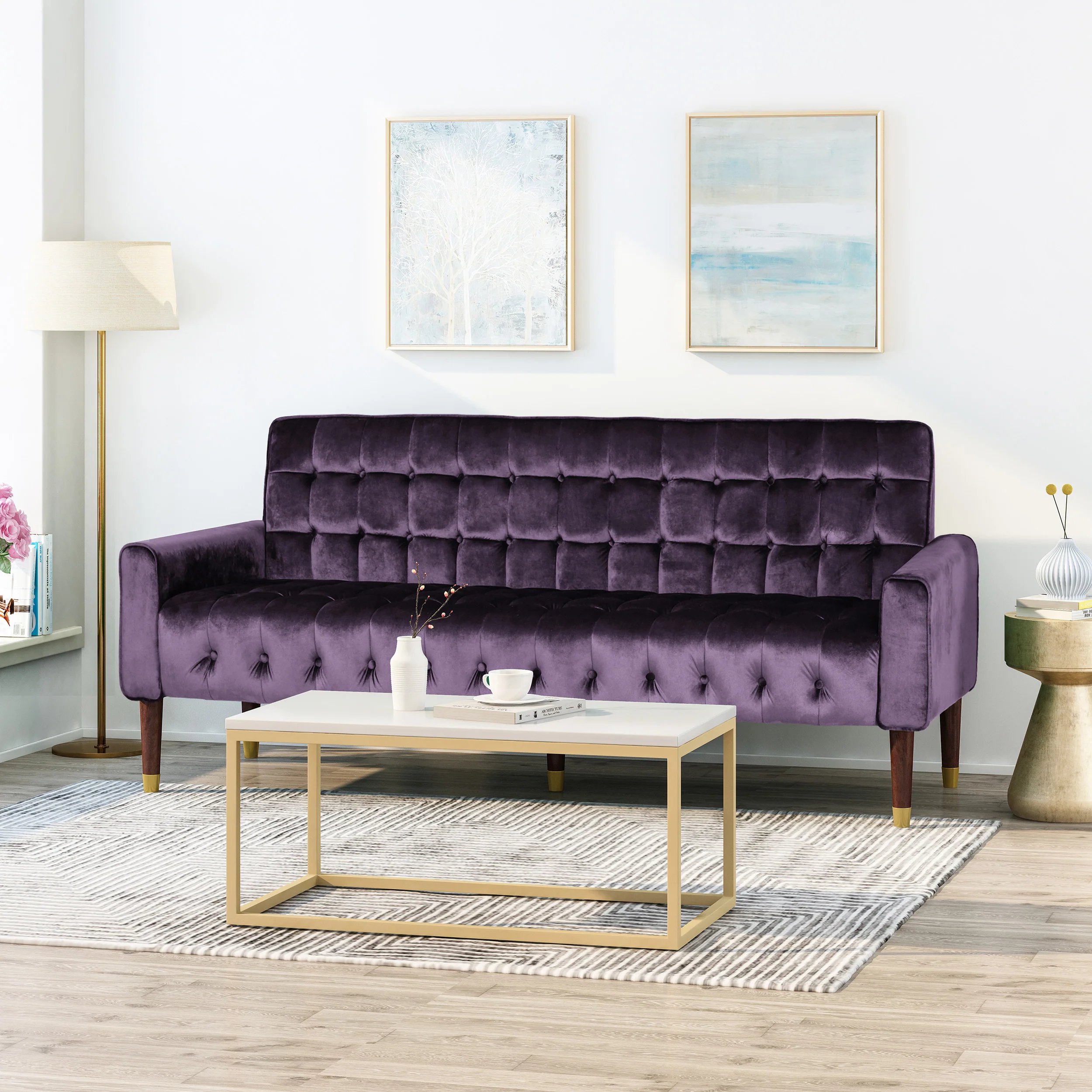 Adan Tufted Velvet Sofa with Gold Tipped Tapered Legs - furnishings