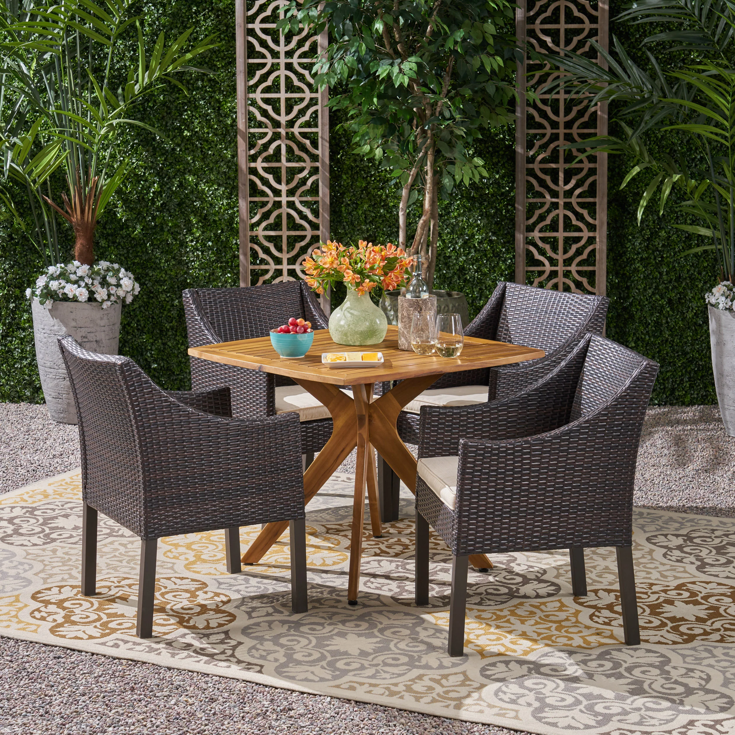 Tarry Outdoor 5 Piece Wood and Wicker Dining Set - furnishings