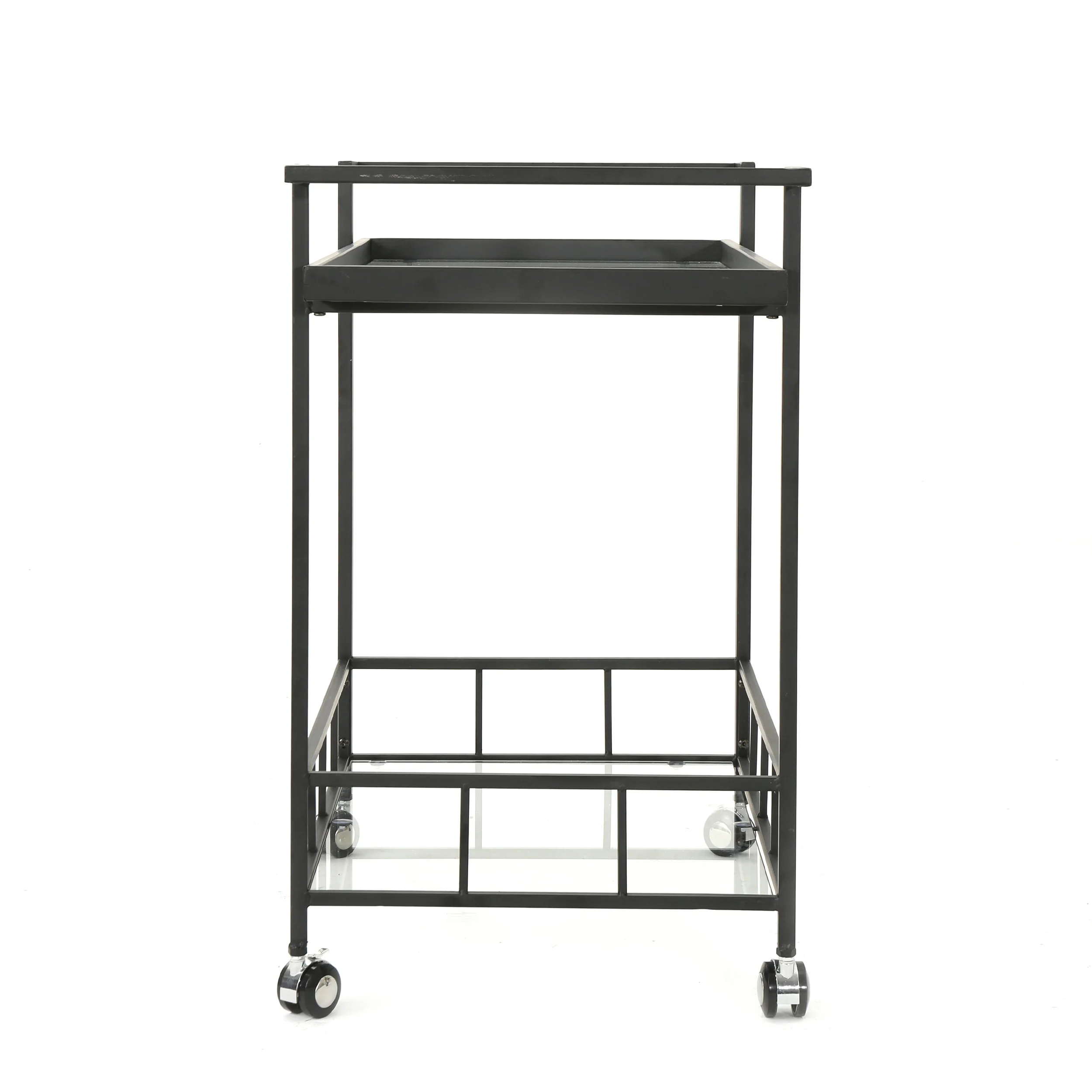 Brose Indoor Industrial Black Iron Bar Cart with Tempered Glass Shelves - furnishings