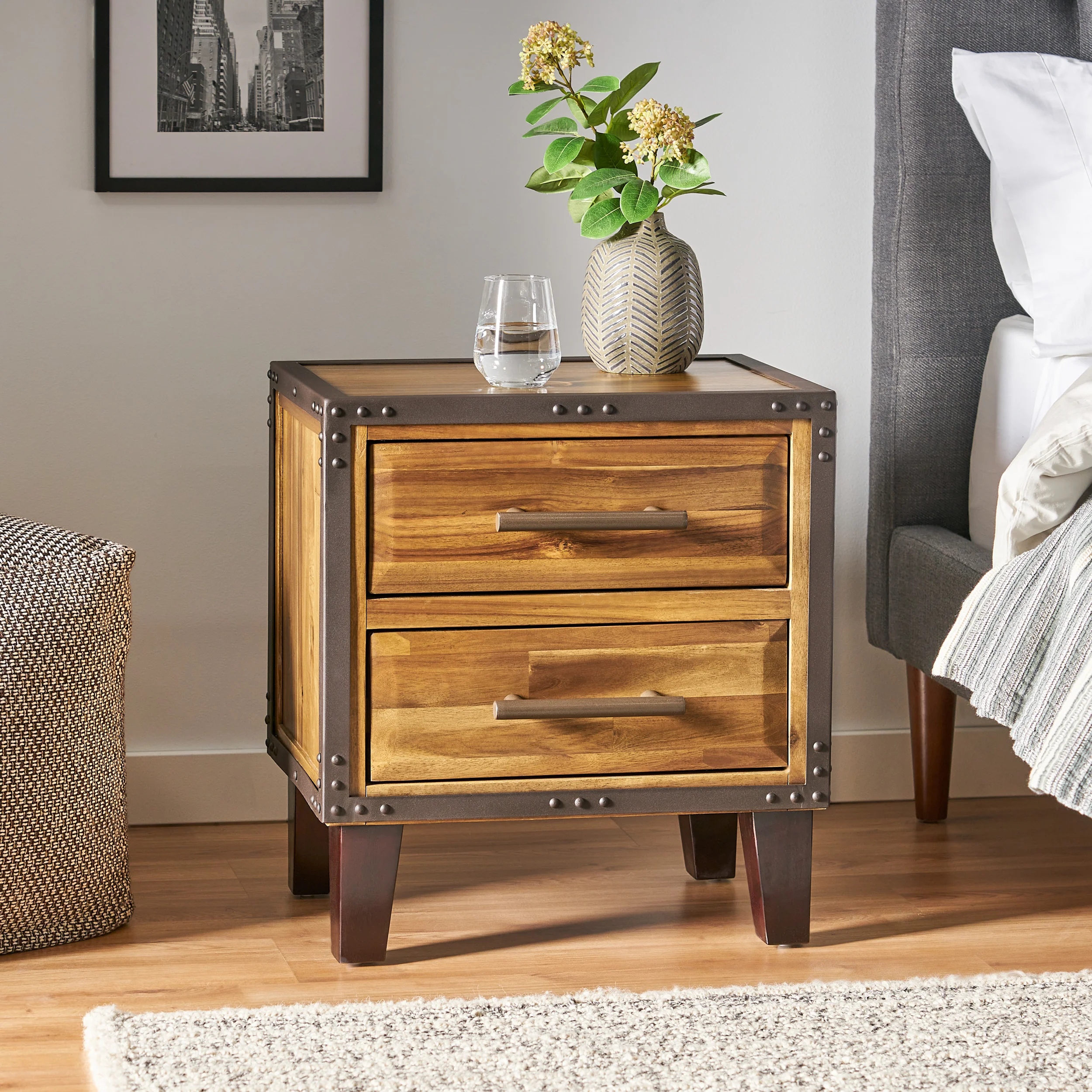 Ashlar Industrial Two-Drawer Natural Finish Acacia Wood Night Stand - furnishings