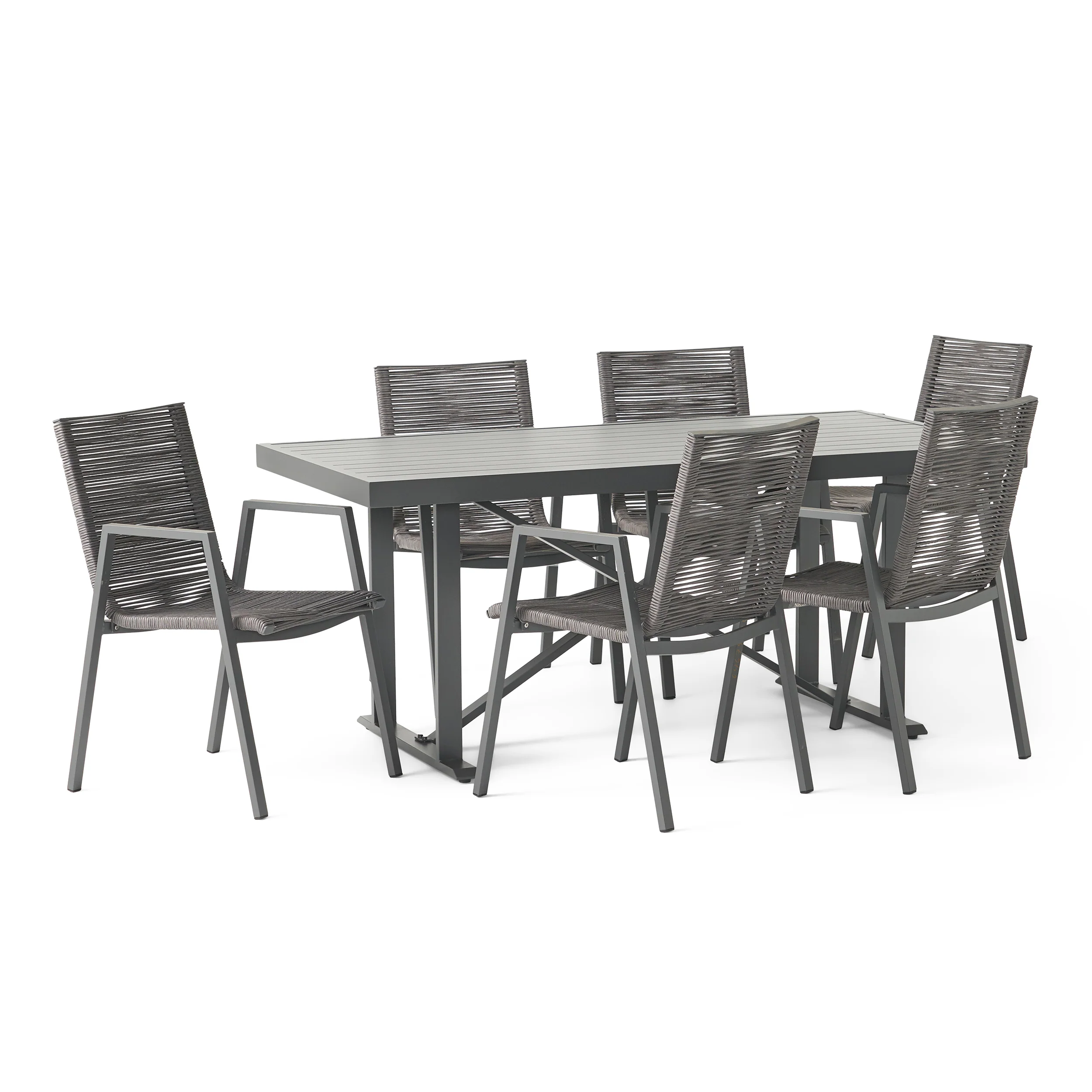 Hines Outdoor Modern Industrial Aluminum 7 Piece Dining Set with Rope Seating - furnishings