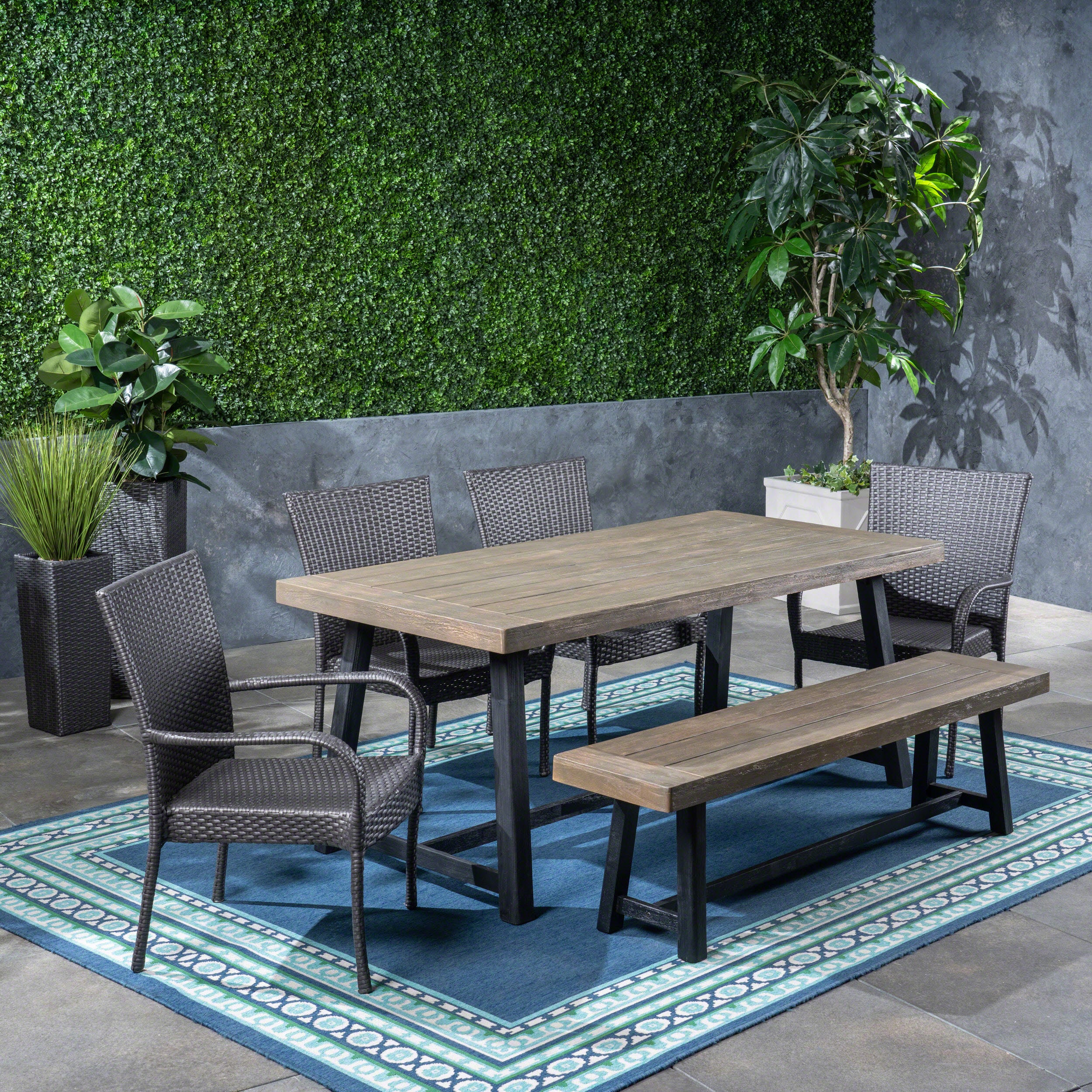 Jack Outdoor 6 Piece Dining Set with Stacking Wicker Chairs and Bench - furnishings