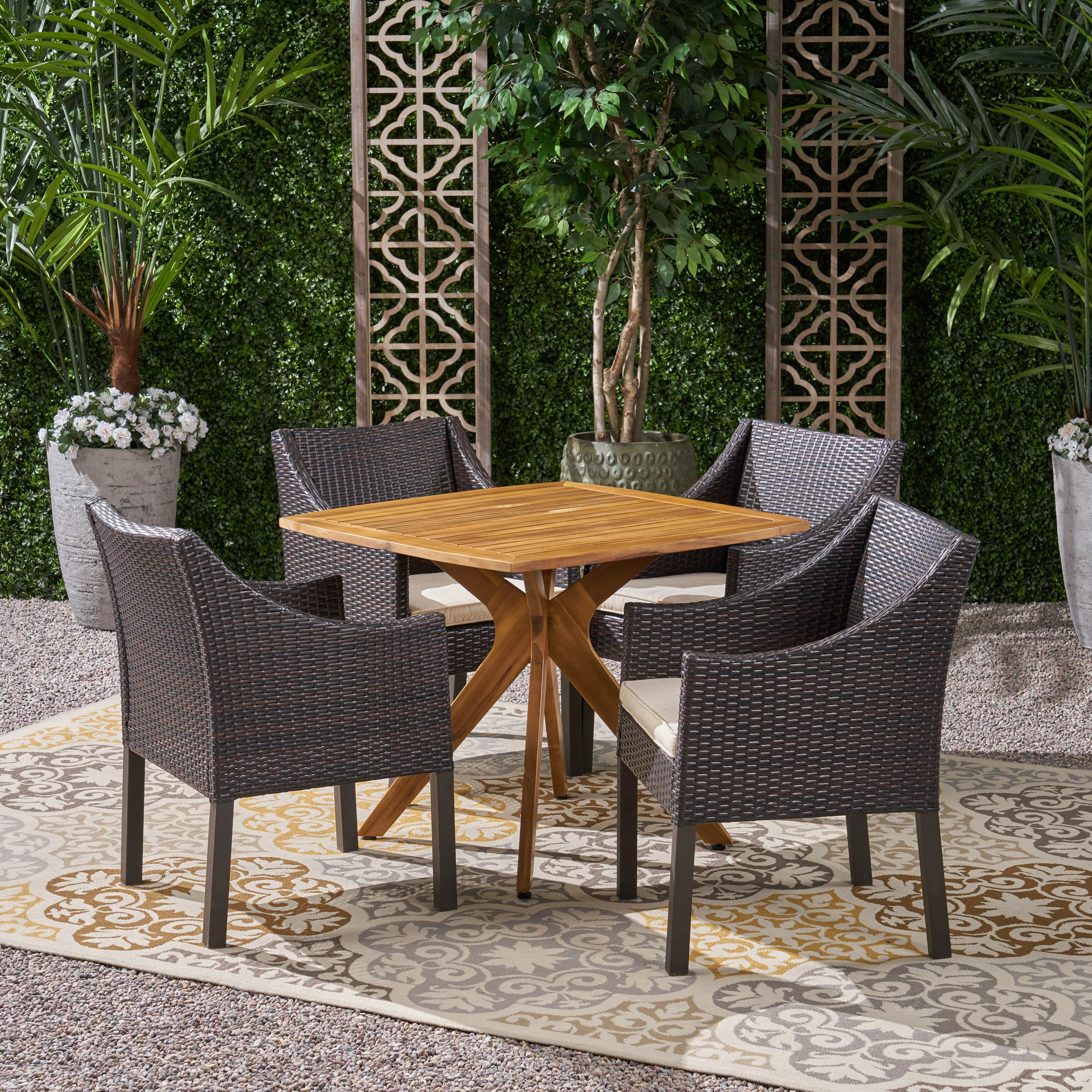 Tarry Outdoor 5 Piece Wood and Wicker Dining Set - furnishings