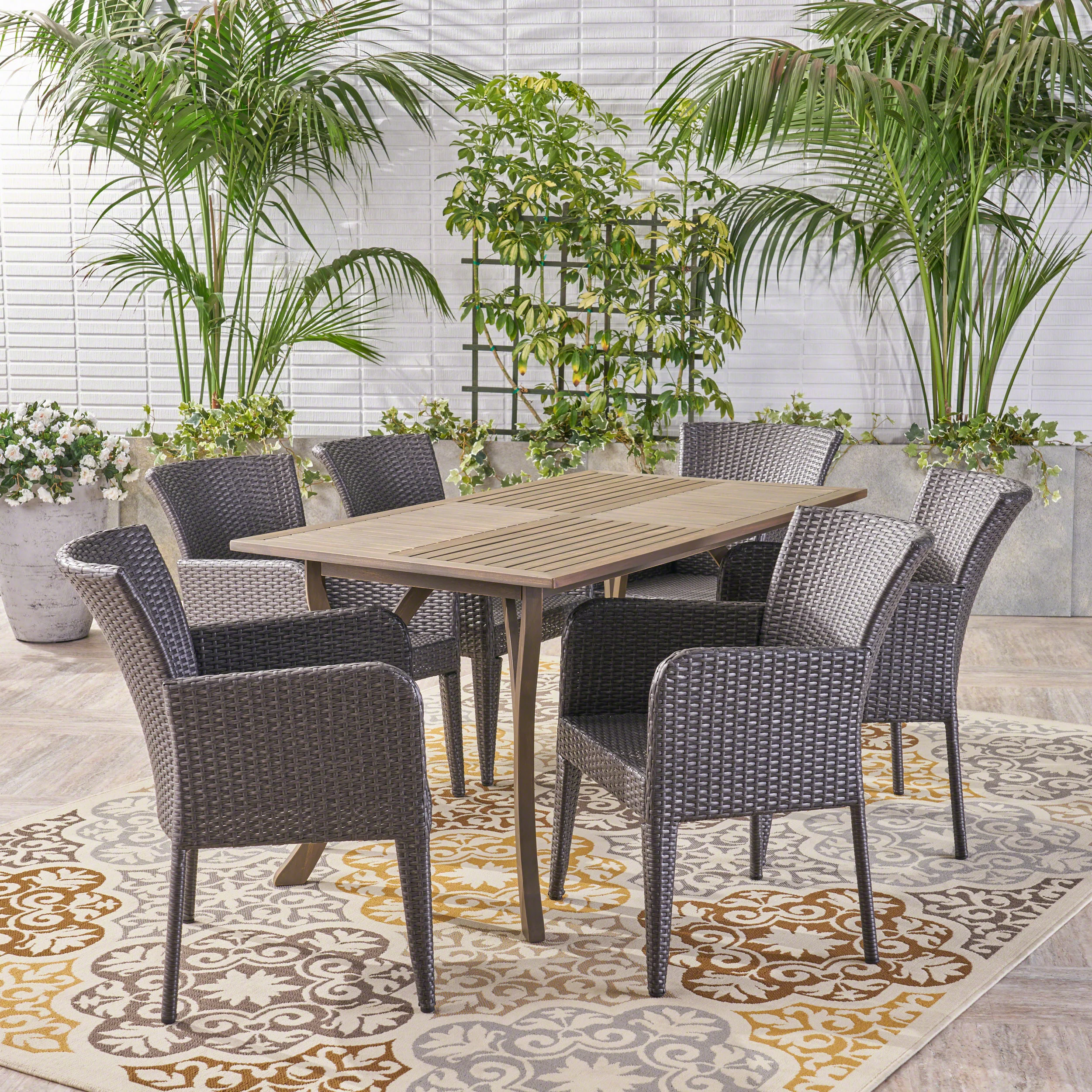 Freeman Outdoor 7 Piece Wood and Wicker Dining Set, Gray with Gray Chairs - furnishings