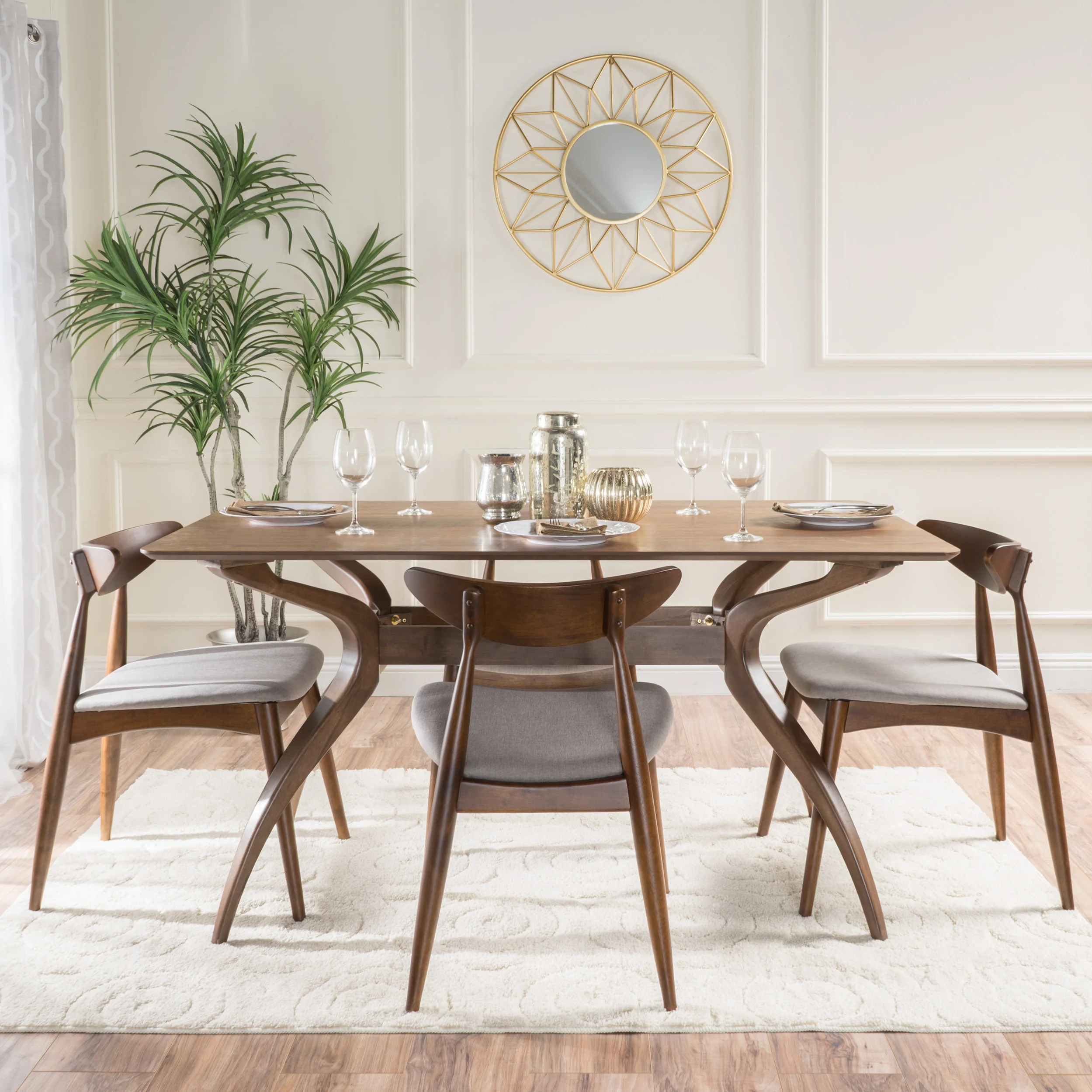 Issaic Mid-Century Modern 5-Piece Fabric Upholstered Dining Set w/ Wood Frame - furnishings