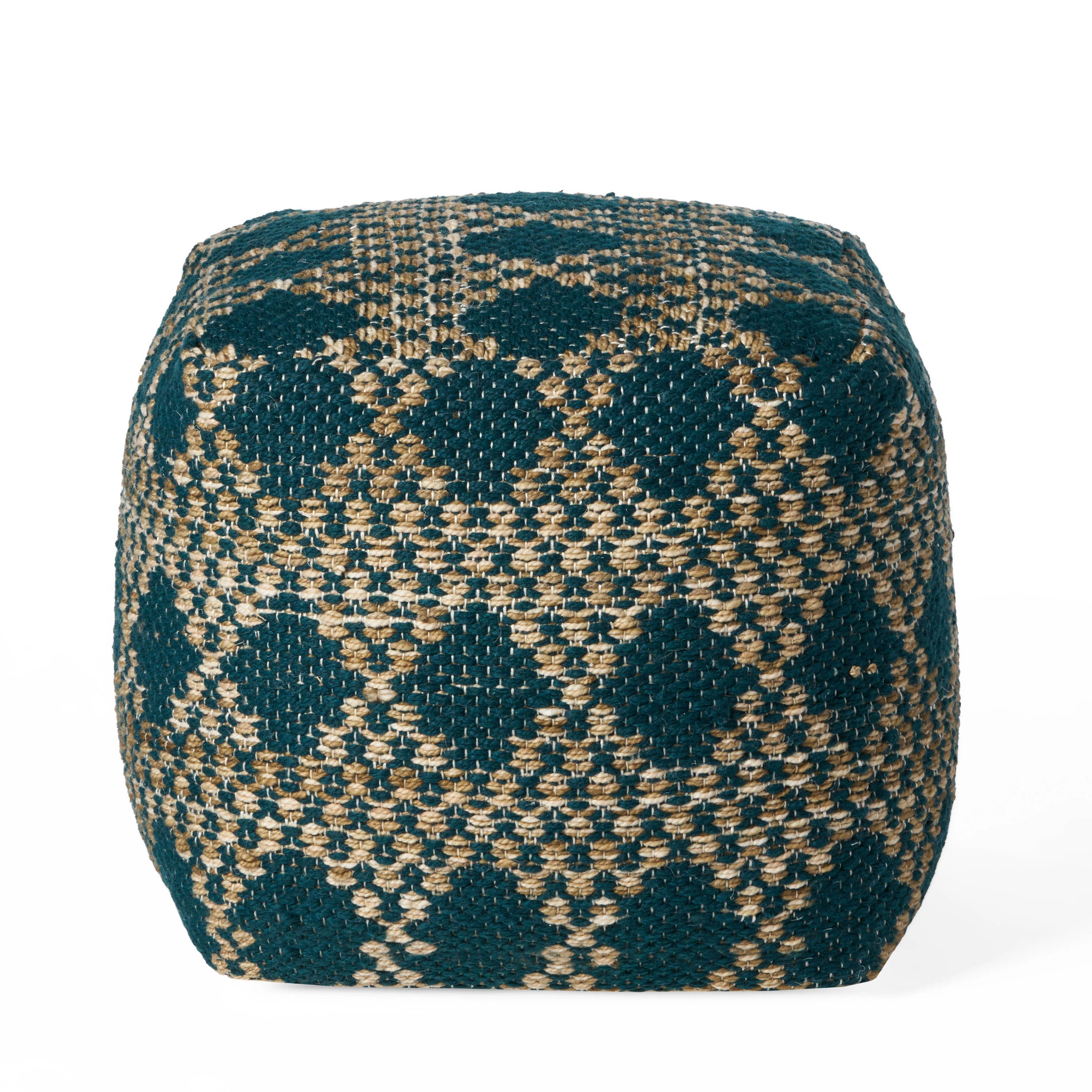 Mamie Boho Diamond Pattern Teal and Beige Yarn Cube Pouf - furnishings