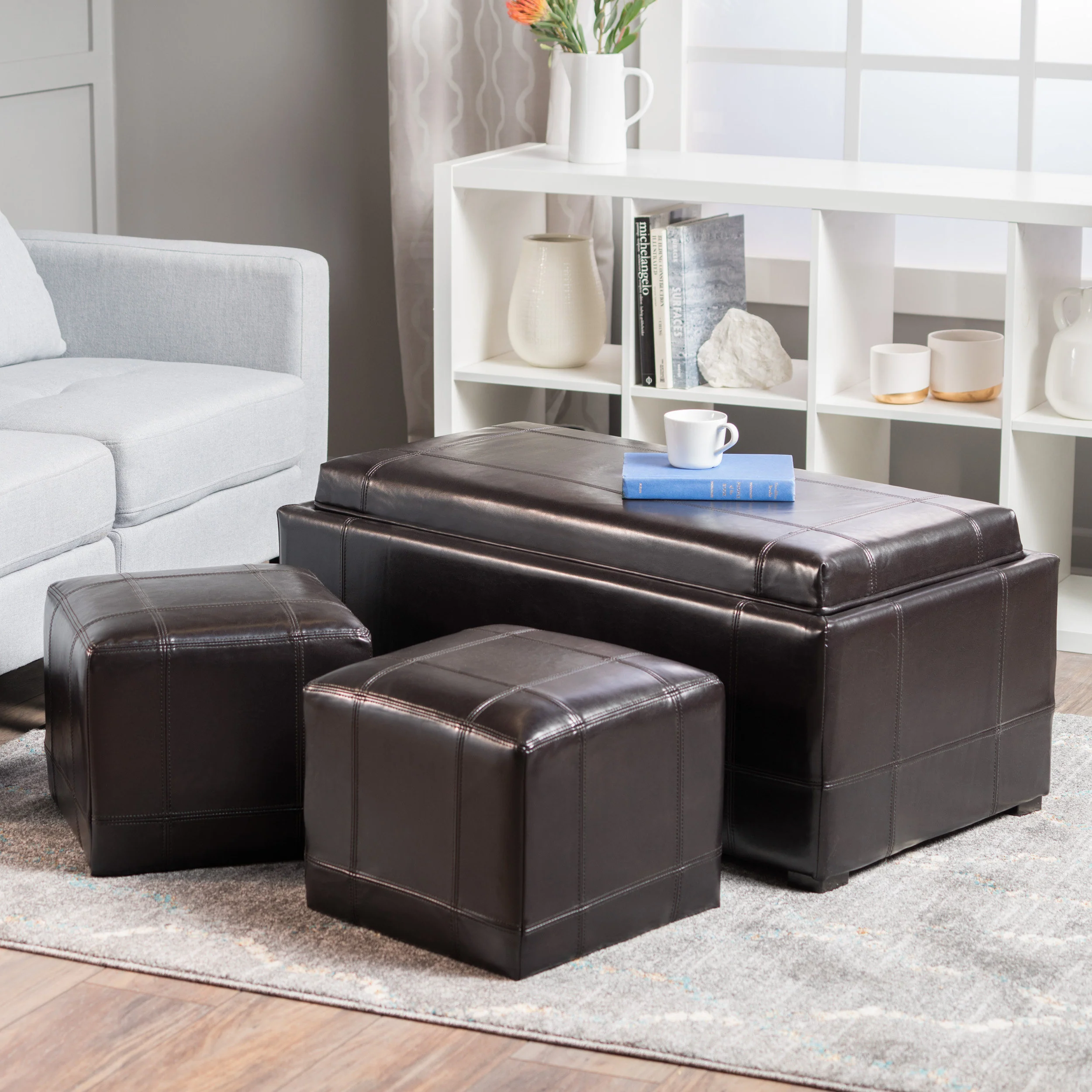 Five Brooks Espresso Brown Leather Ottoman Set (Set of 3) - furnishings