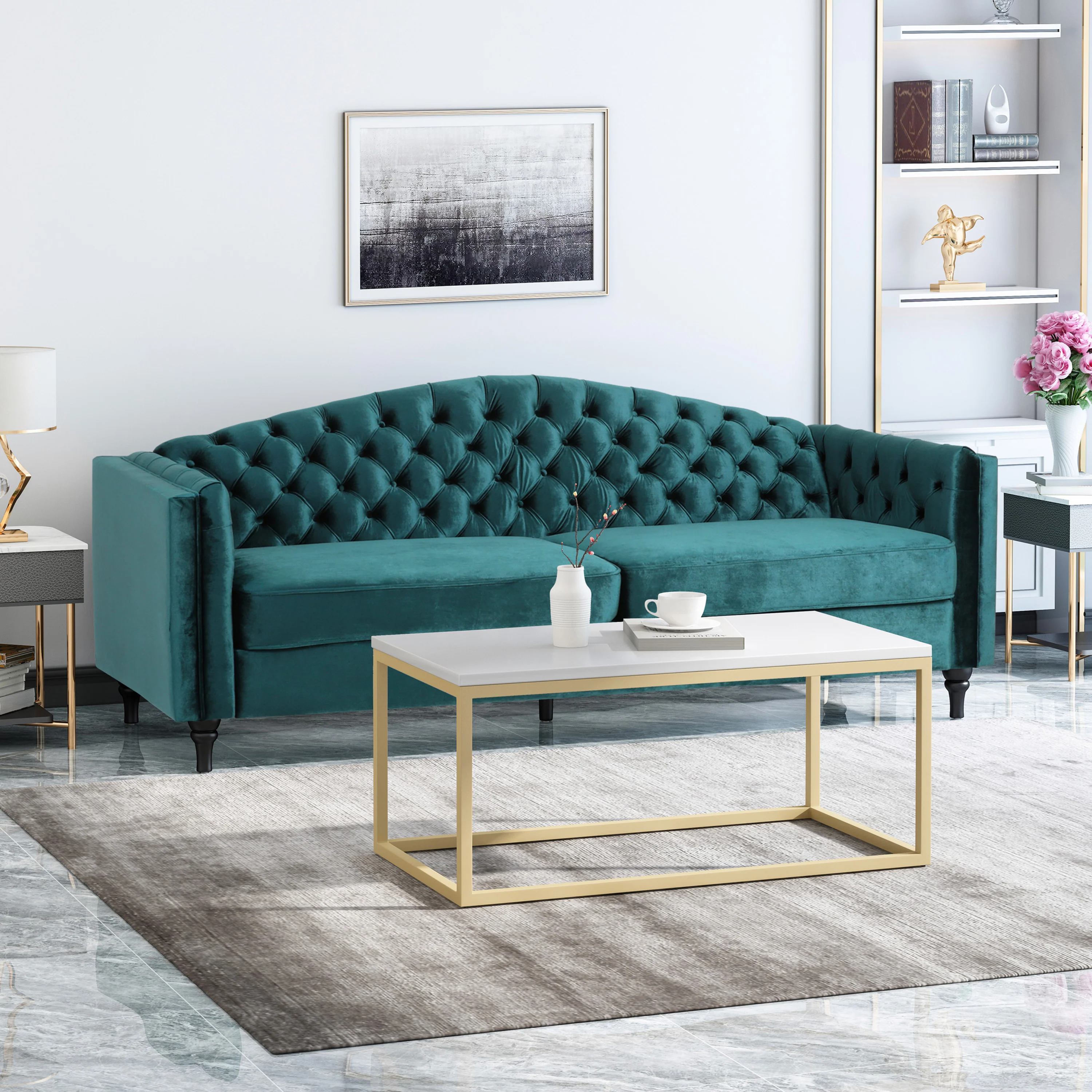 Darionna Glam Button Tufted Velvet 3 Seater Sofa - furnishings