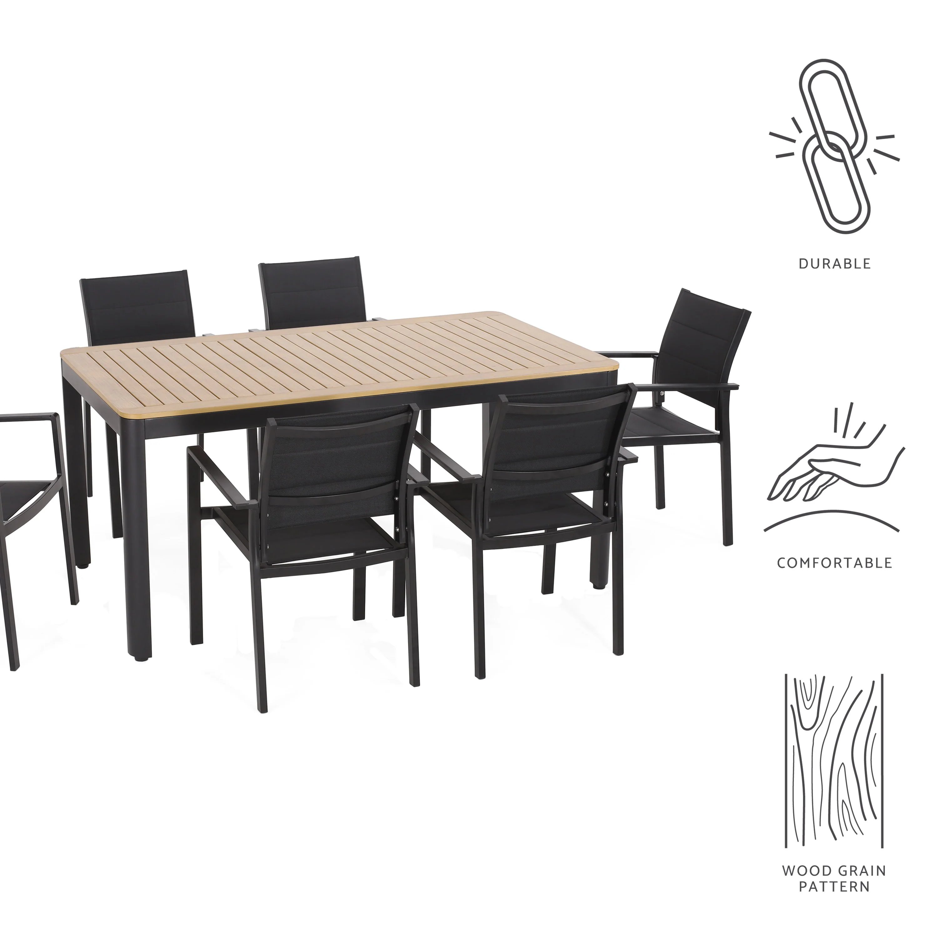 Starla Outdoor Mesh and Aluminum 7 Piece Dining Set, Black and Natural - furnishings