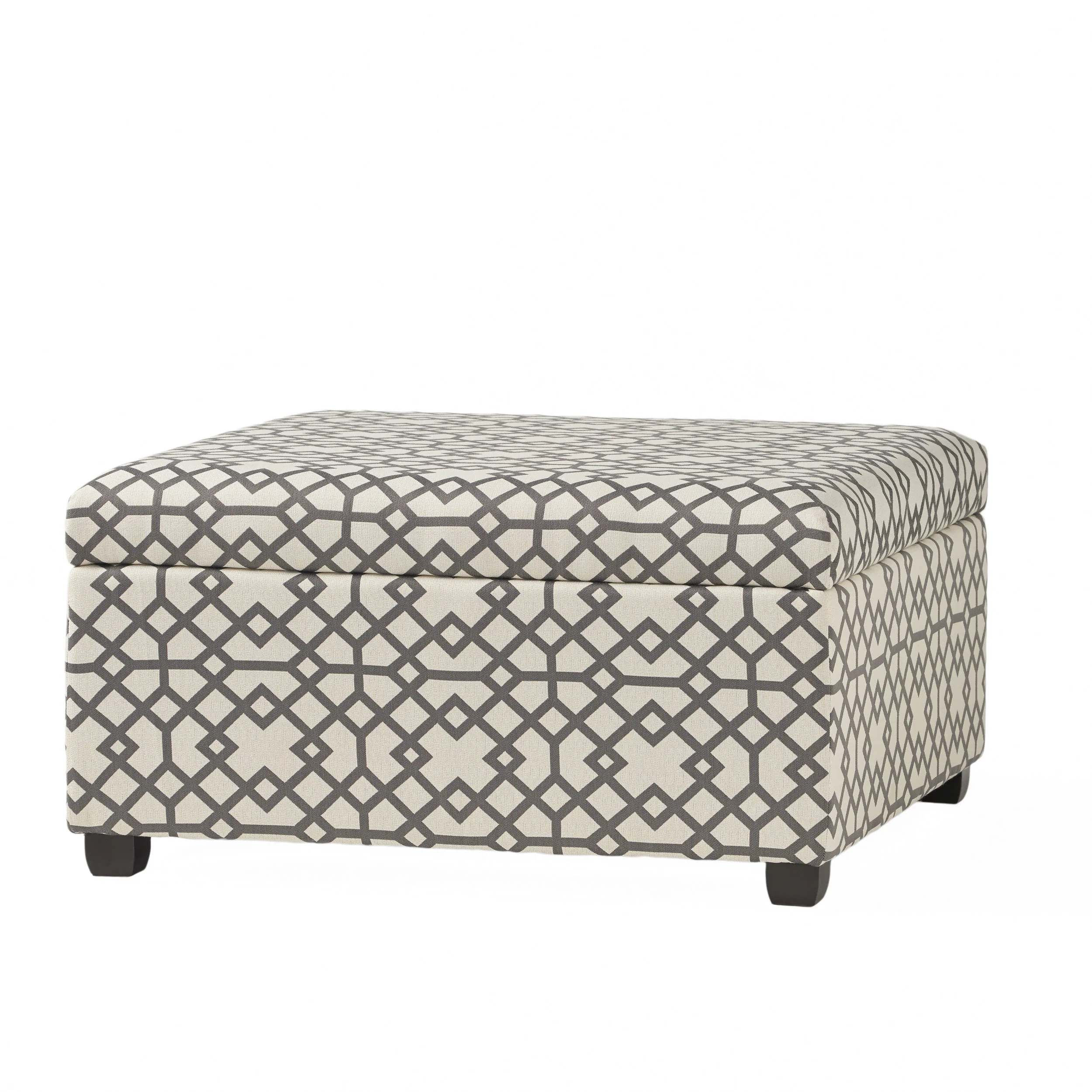 Estee Grey Geometric Pattern Fabric Square Storage Ottoman Coffee Table - furnishings