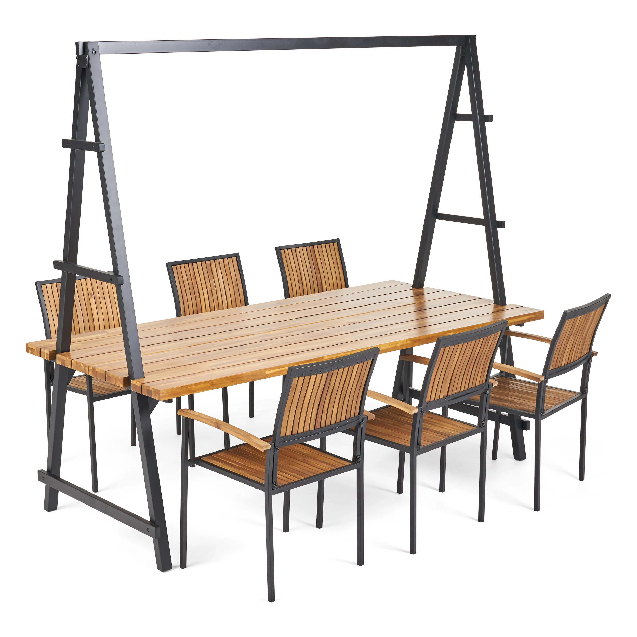Durban Outdoor 6 Seater Acacia Wood and Iron Planter Dining Set - furnishings