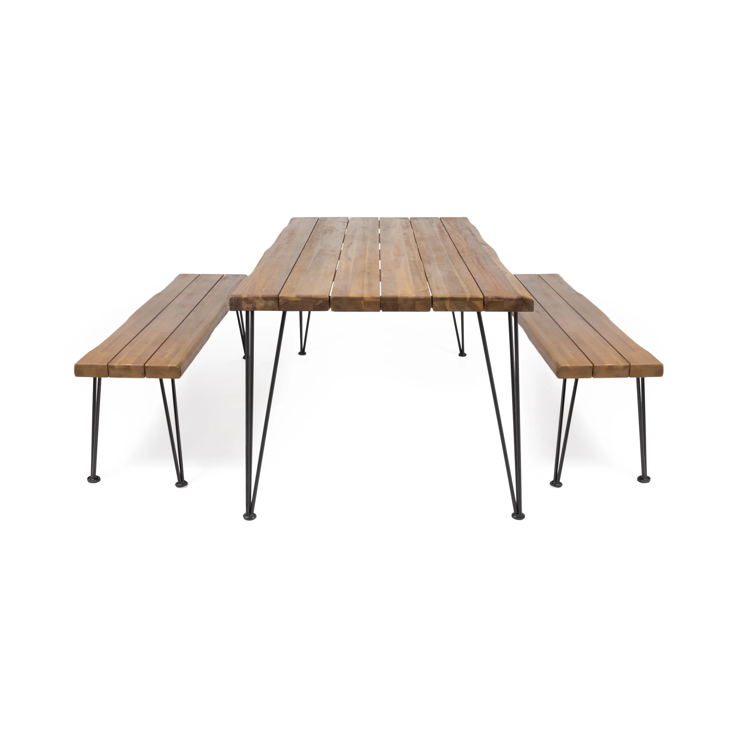 Zephyra Outdoor Modern Industrial 3 Piece Acacia Wood Picnic Dining Set with Metal Hairpin Legs - furnishings
