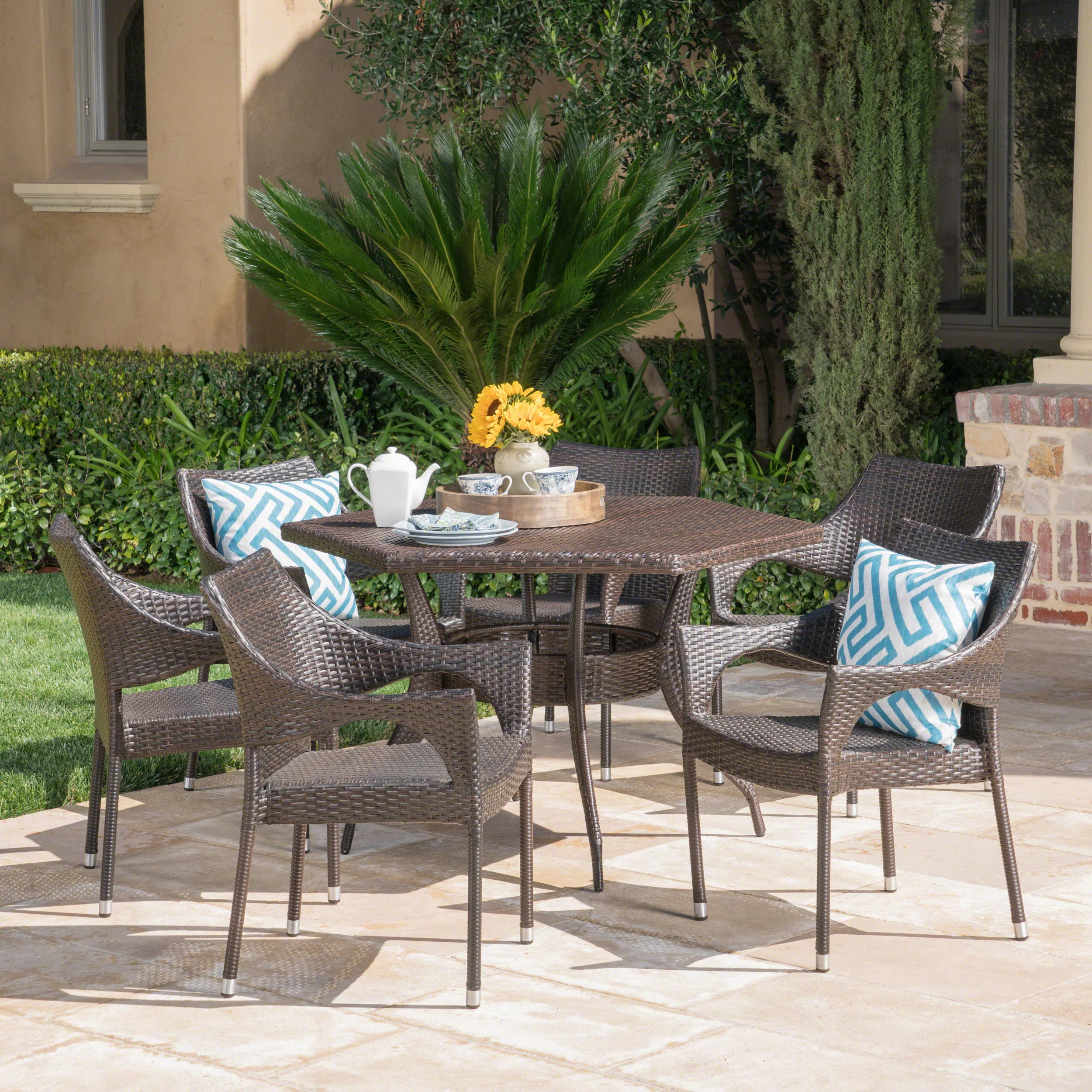 Rosy Outdoor 7 Piece Wicker Hexagon Dining Set with Stacking Chairs - furnishings