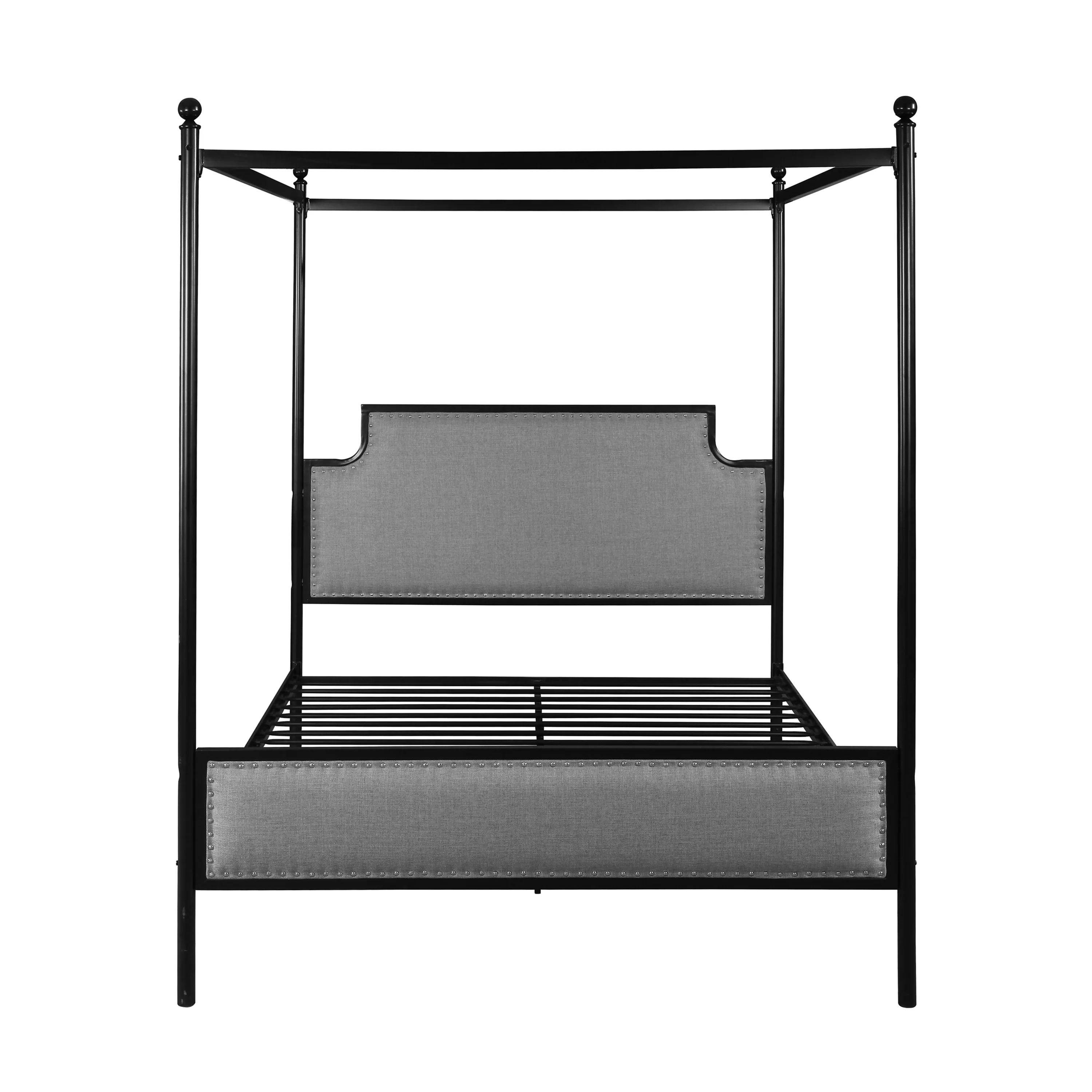 Asa Queen Size Iron Canopy Bed Frame with Upholstered Studded Headboard - furnishings