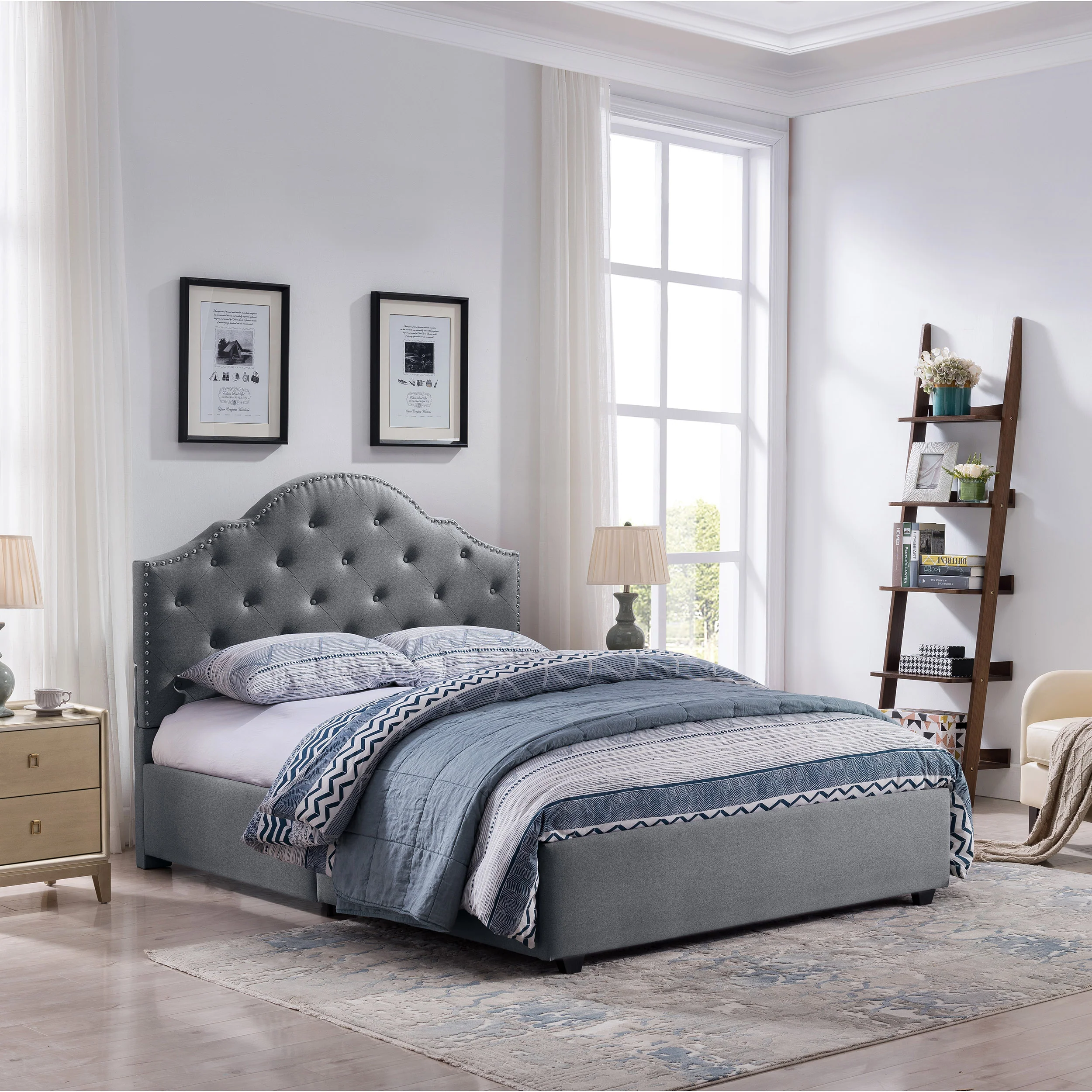 Gentry Contemporary Button-Tufted Camelback Queen Bed Frame with Nailhead Trim - furnishings