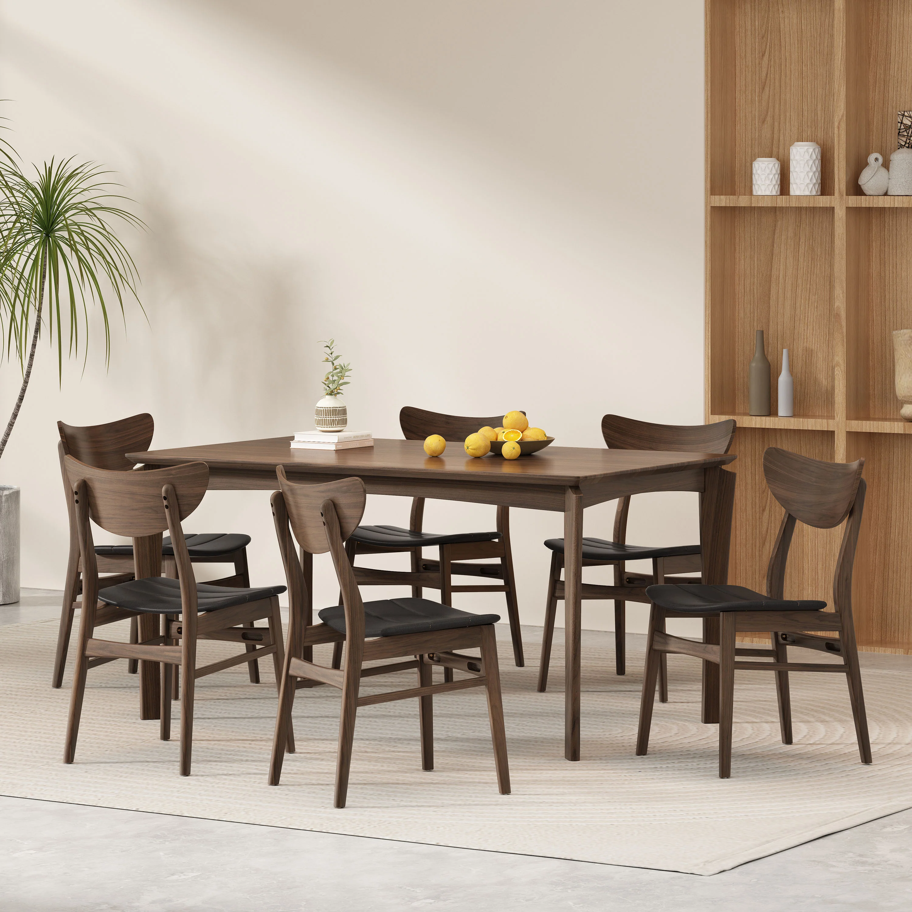 Chennault Wood and Faux Leather 7 Piece Dining Set, Walnut, Dark Brown - furnishings