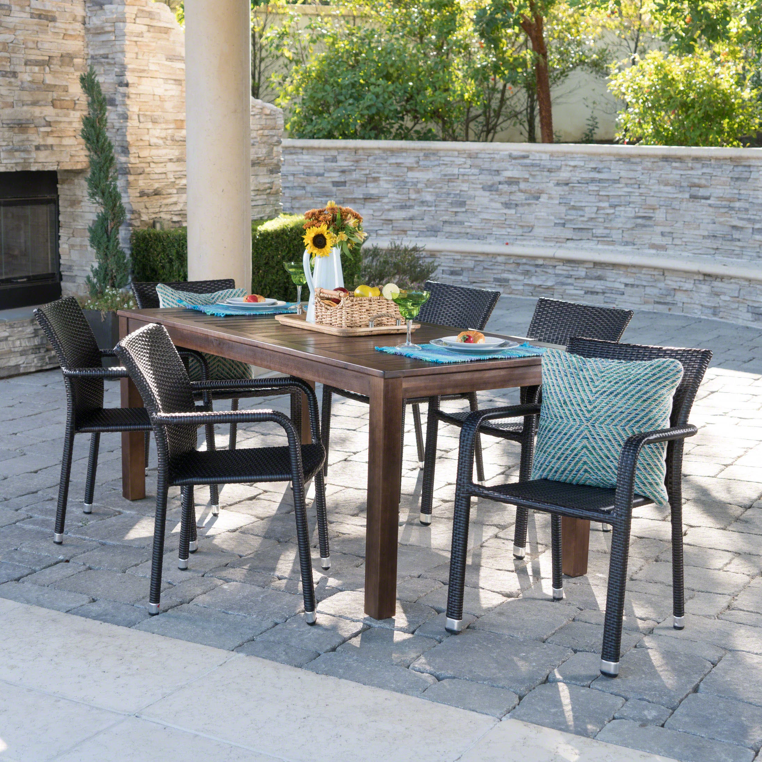 Netton Outdoor 7 Piece Dining Set with Dark Brown Finished Wood Table and Chairs - furnishings