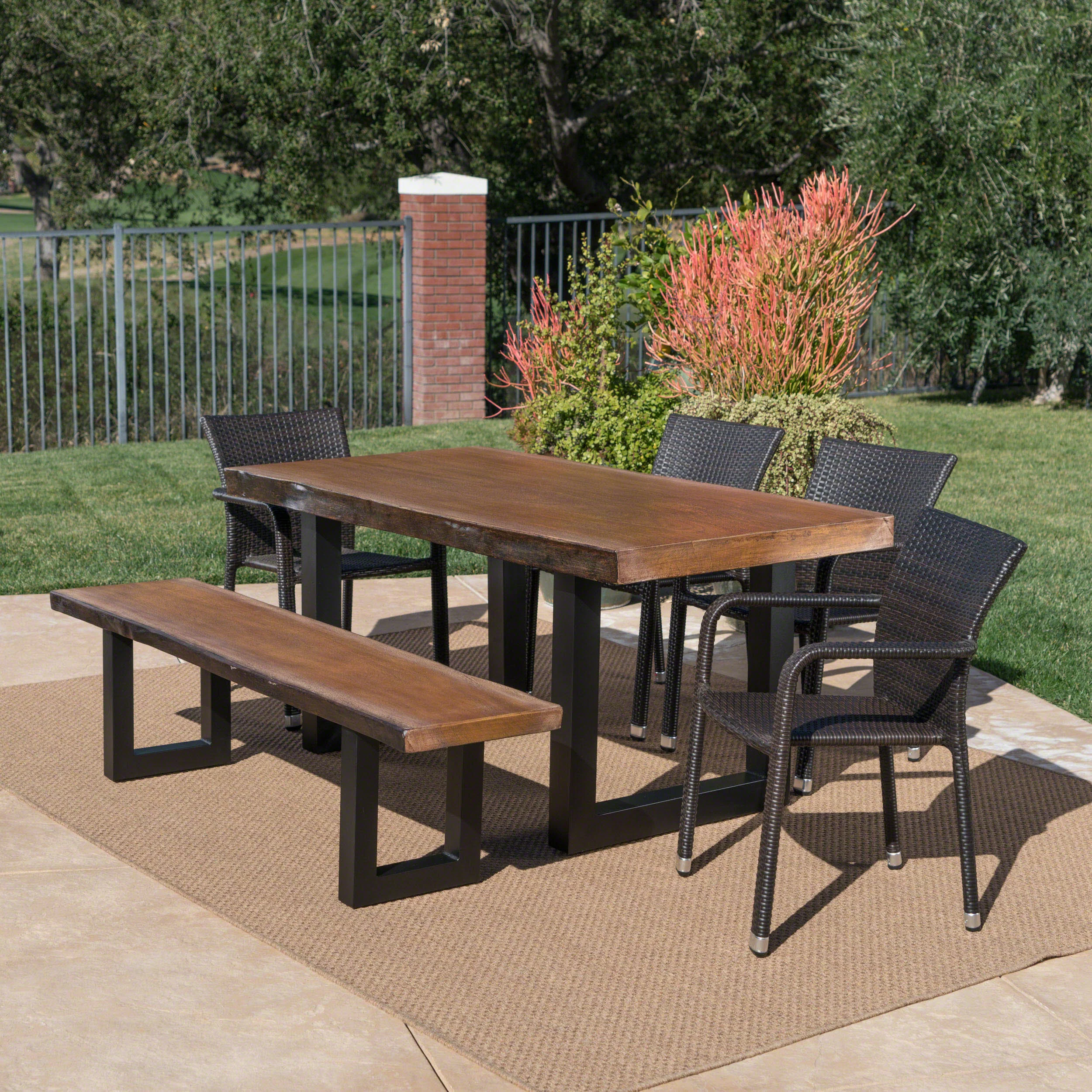 Zendaya Outdoor 6 Piece Wicker Dining Set with Light Weight Concrete Table and Bench - furnishings