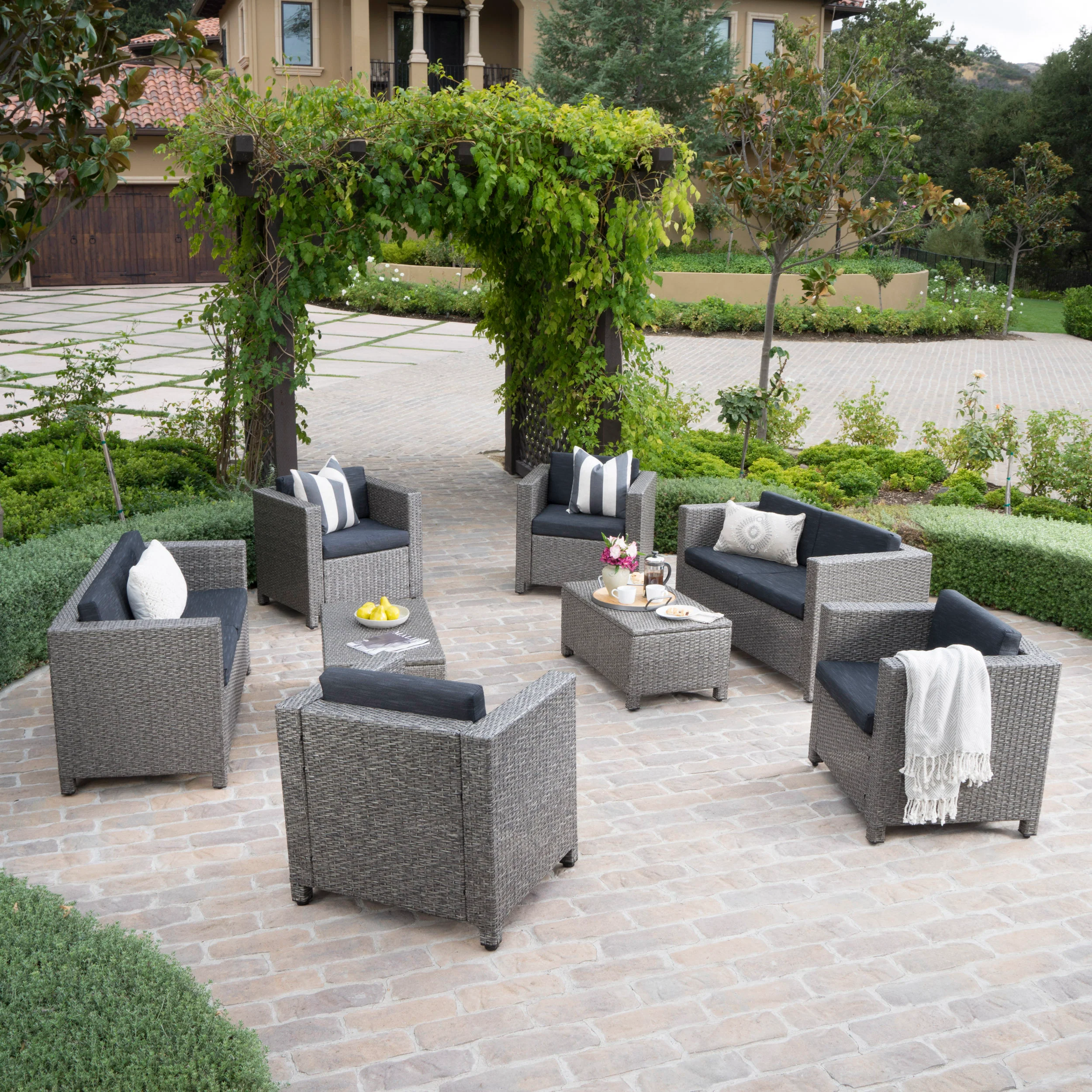Feronia Outdoor 8 Pc Wicker Chat Set w/ Water Resistant Cushions - furnishings