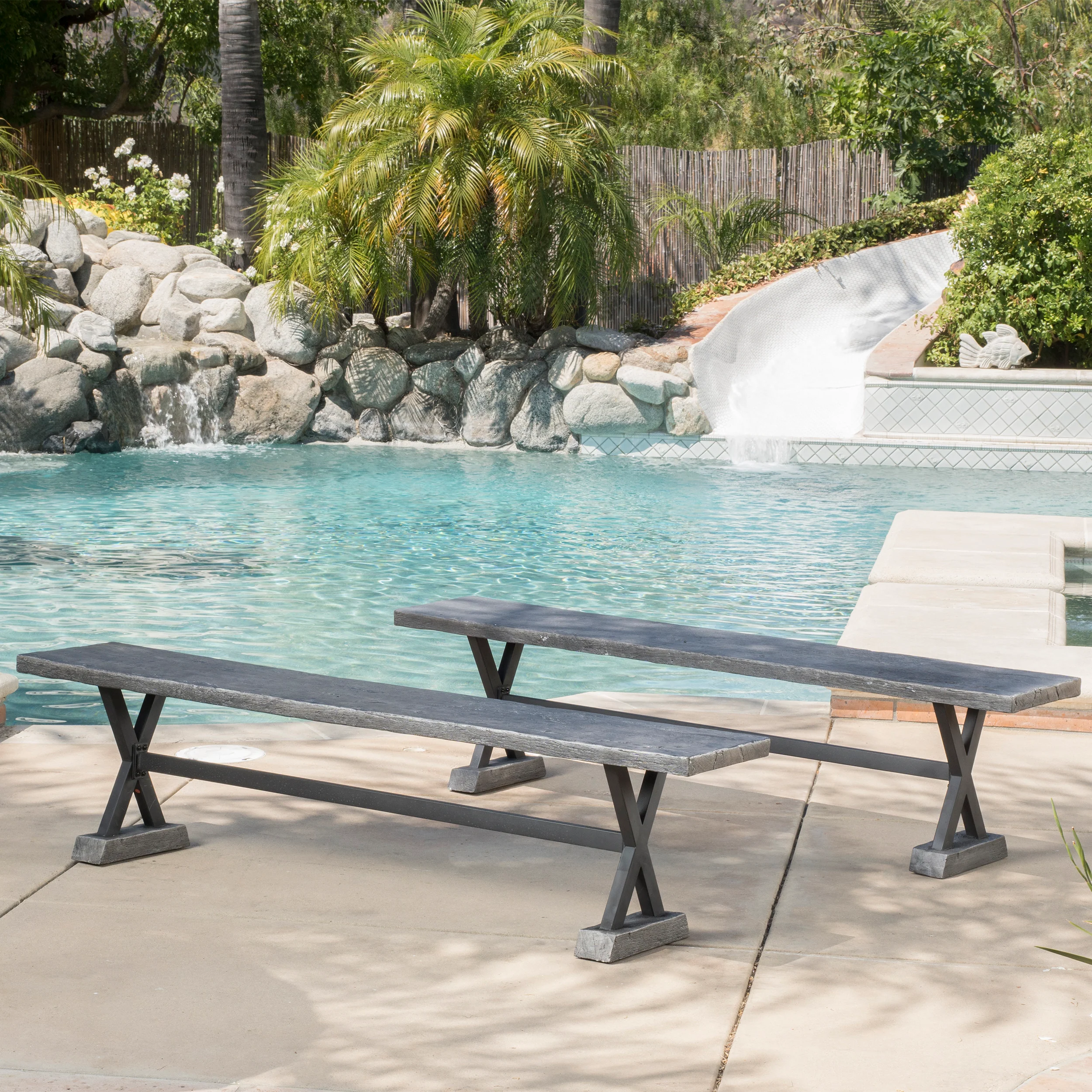 Cogna Farmhouse Brown and Black Lightweight Concrete Dining Benches (Set of 2) - furnishings
