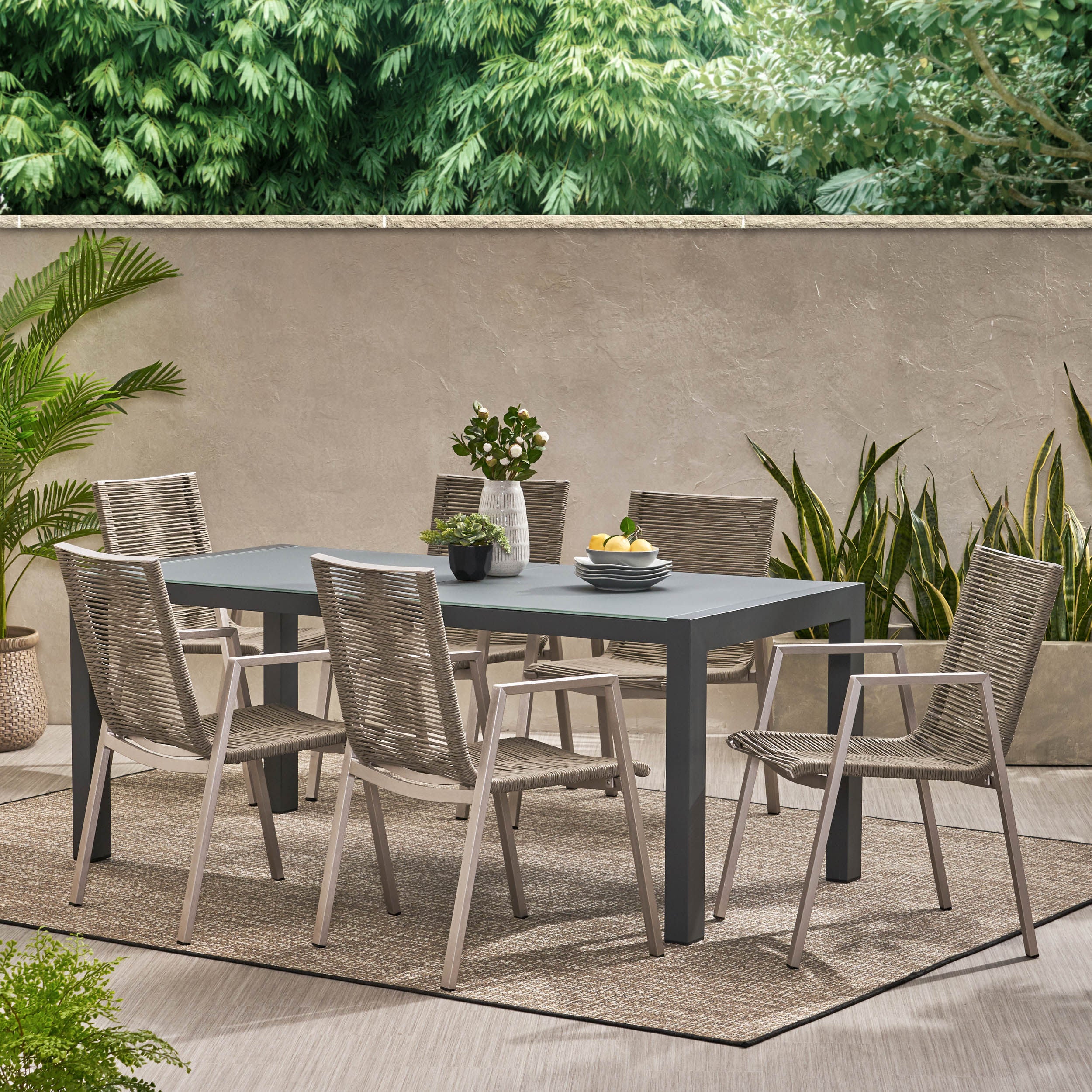 Amir Outdoor Modern 6 Seater Aluminum Dining Set with Tempered Glass Top - furnishings